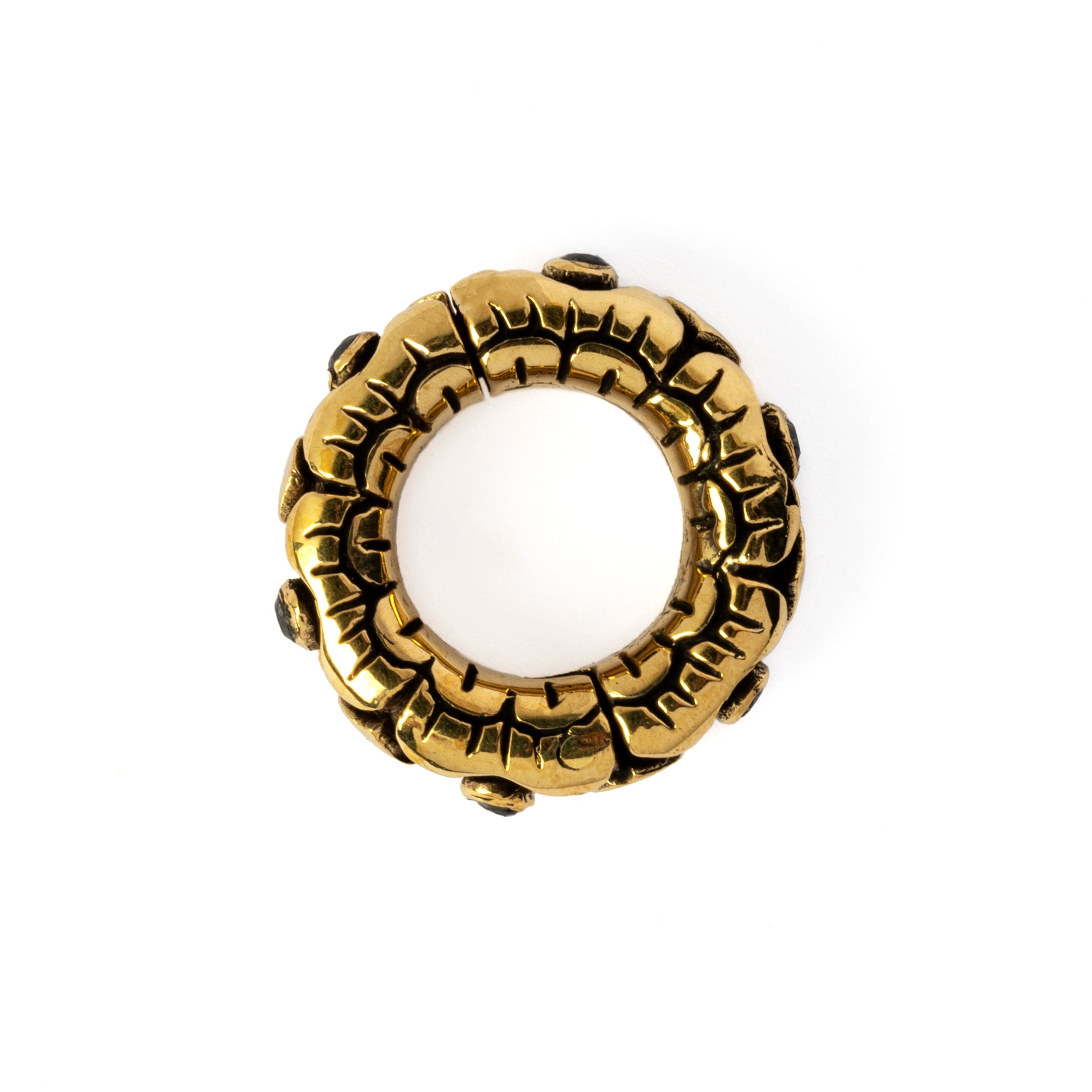 golden brass Ashara hoop hanger with black Spinel side view