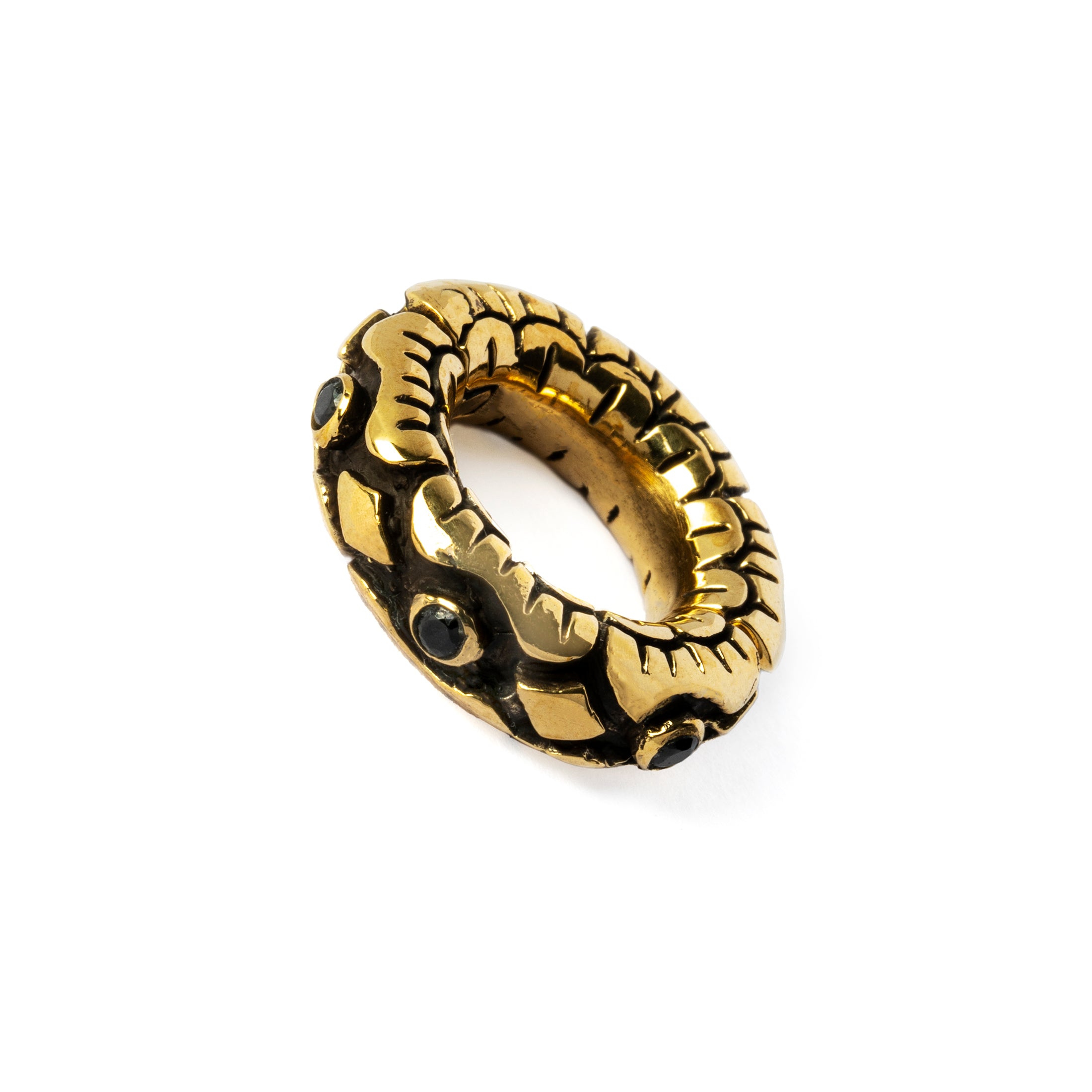 golden brass Ashara hoop hangers with black Spinel right side view