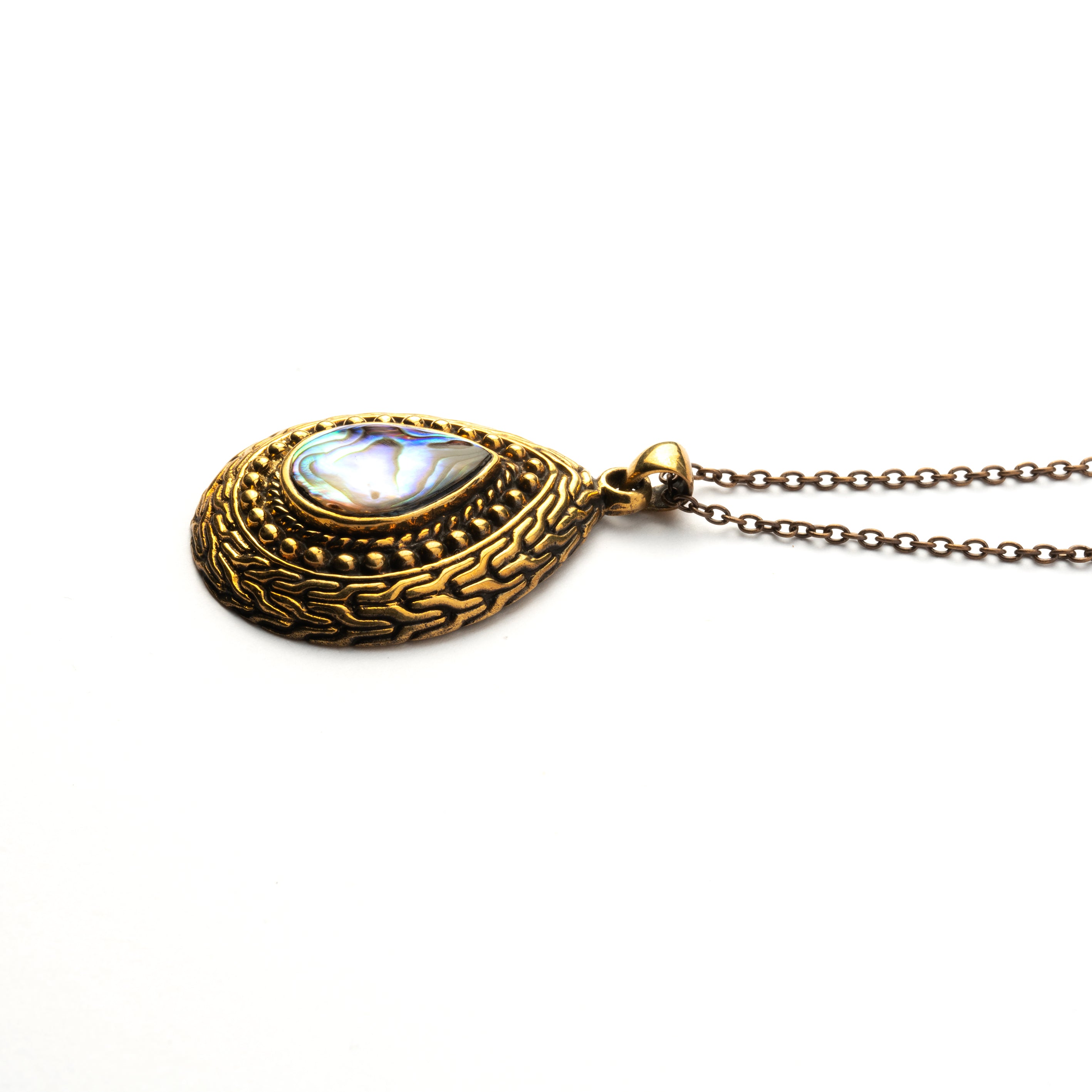 golden brass teardrop pendent with abalone shell side view