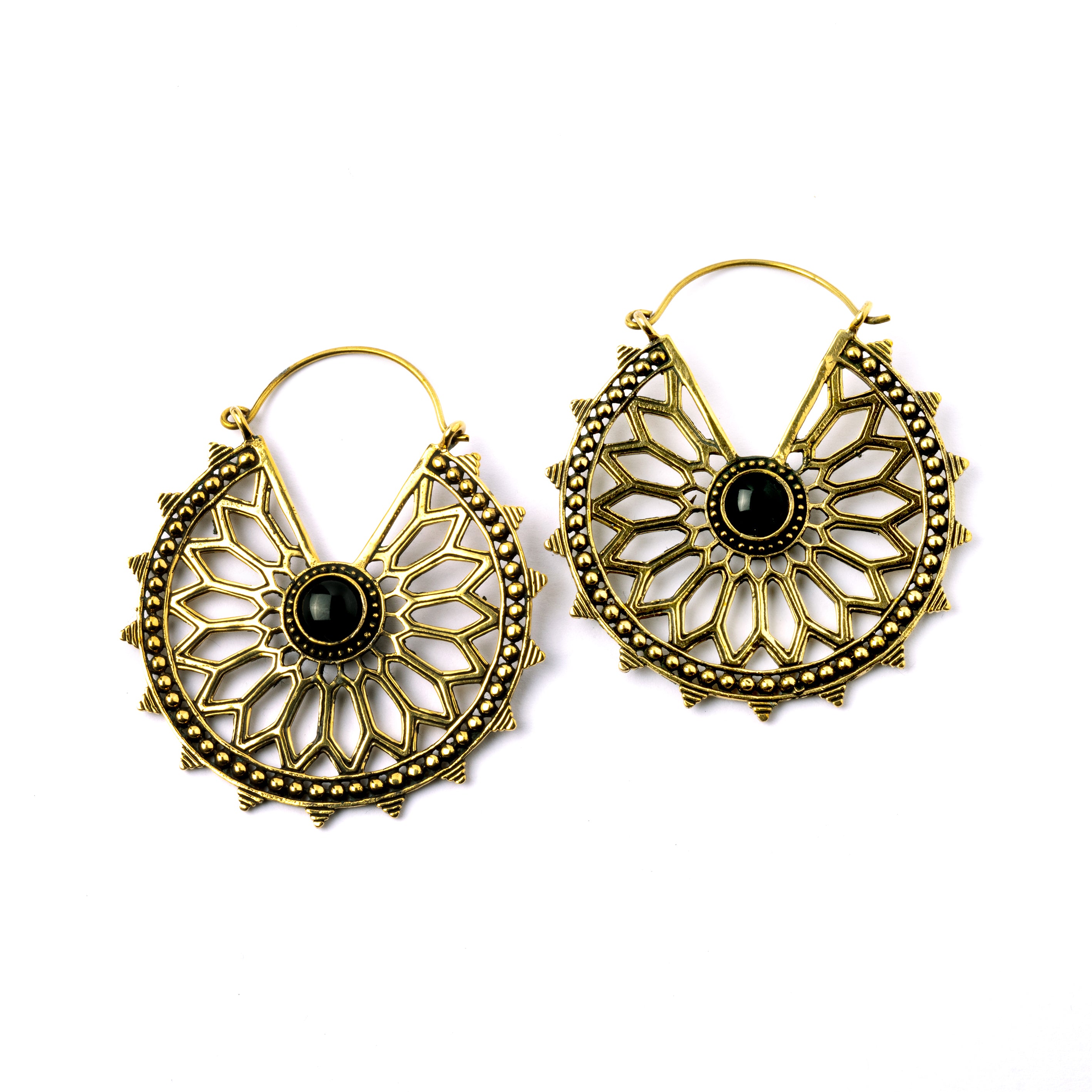 pair of golden brass geometric flower earrings with black onyx frontal view
