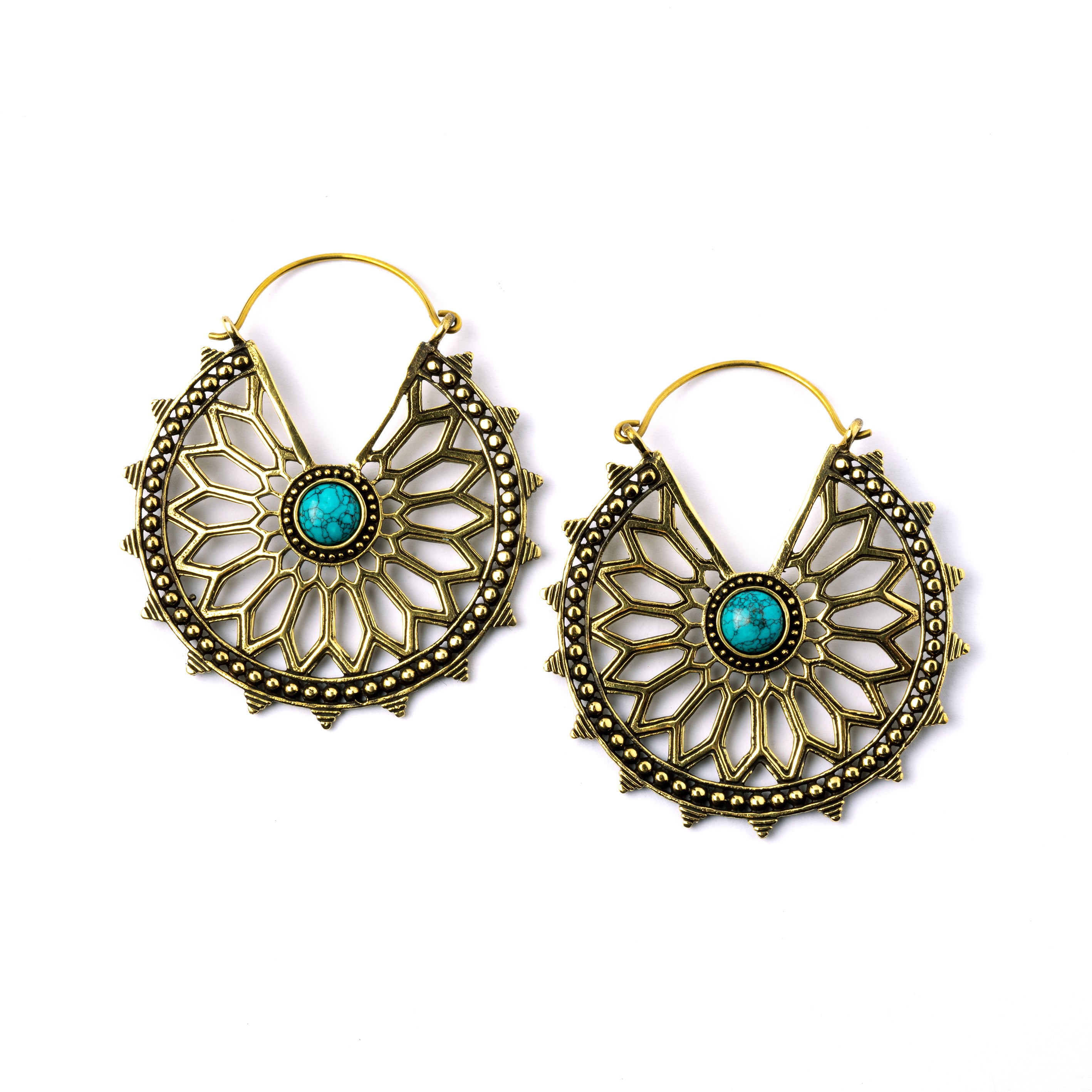 pair of golden brass geometric flower earrings with turquoise frontal view