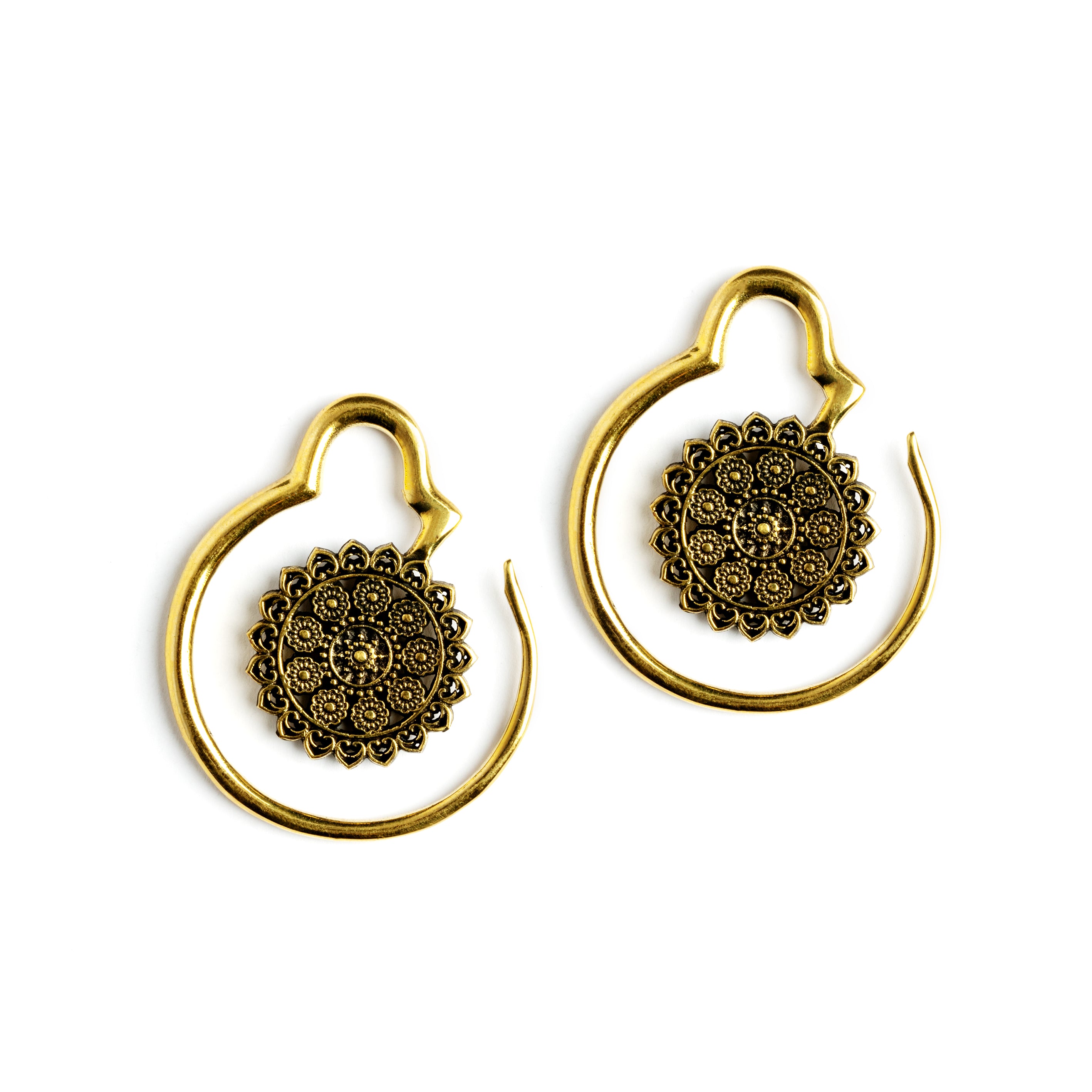 pair of gold brass hook ear hangers with intricate floral filigree frontal view