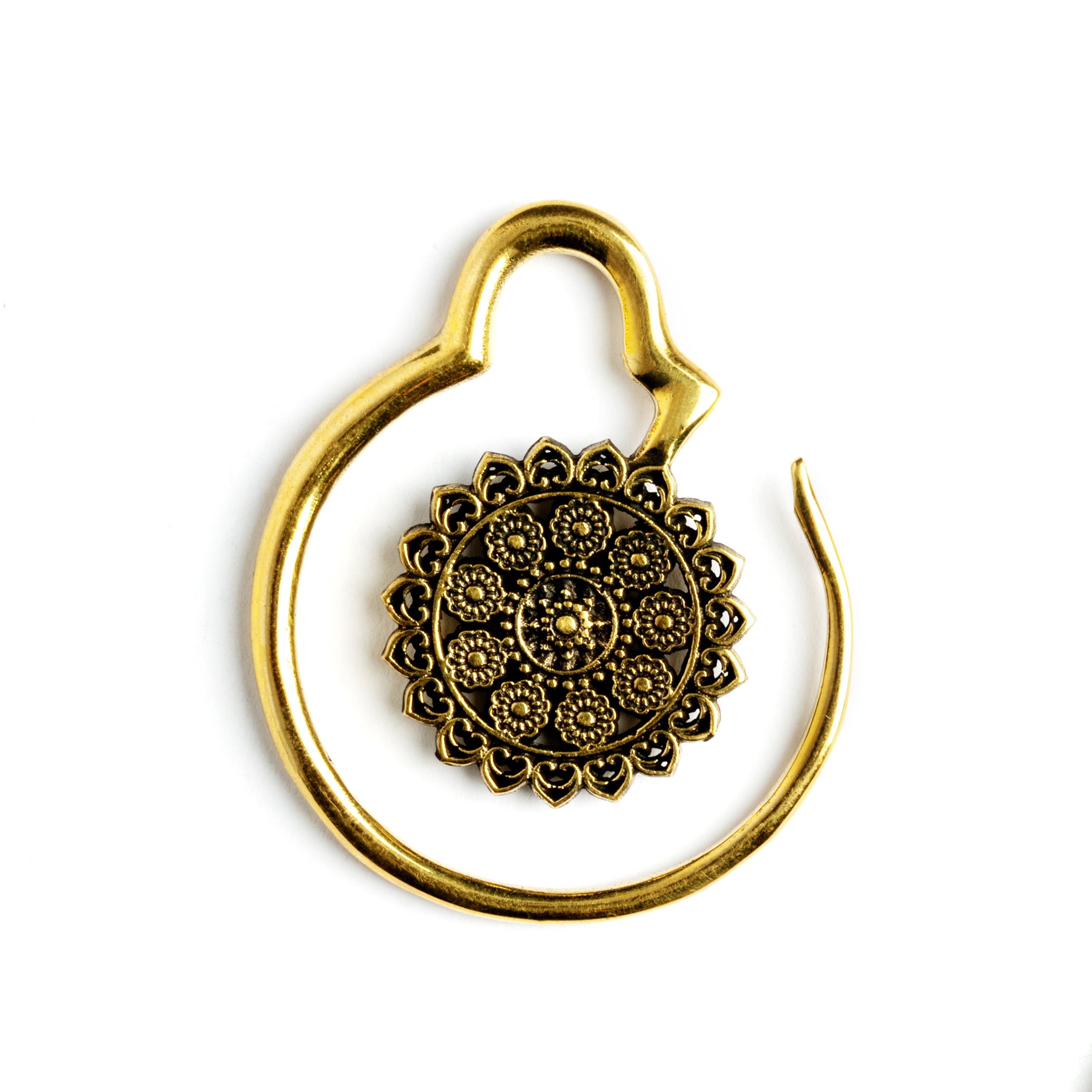 single gold brass hook ear hanger with intricate floral filigree frontal view
