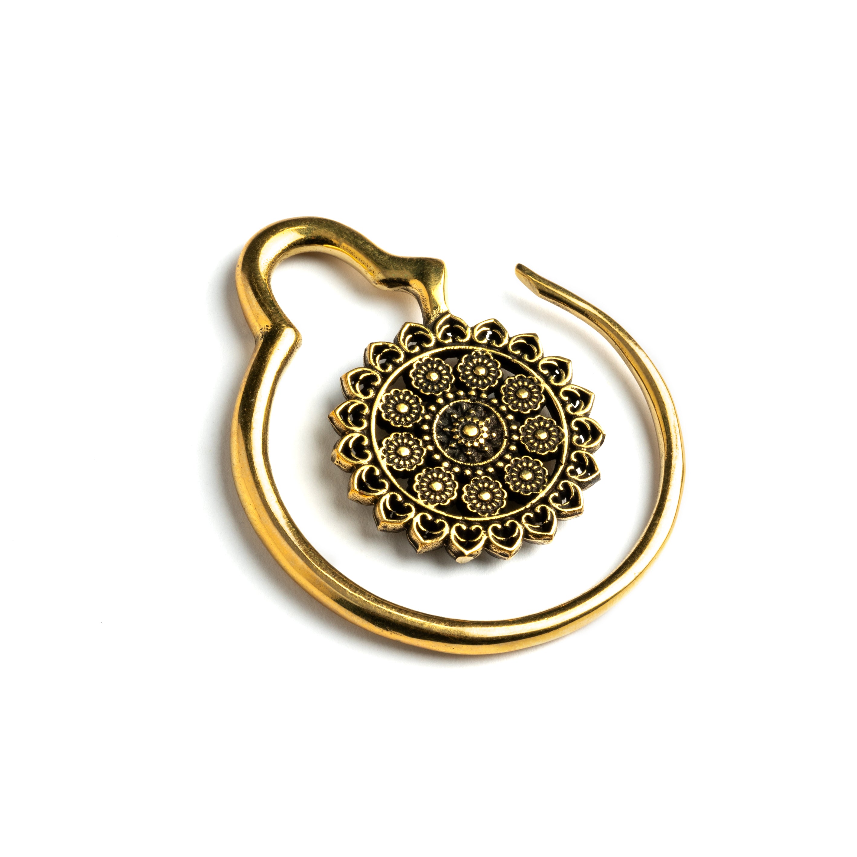 single gold brass hook ear hanger with intricate floral filigree left front view