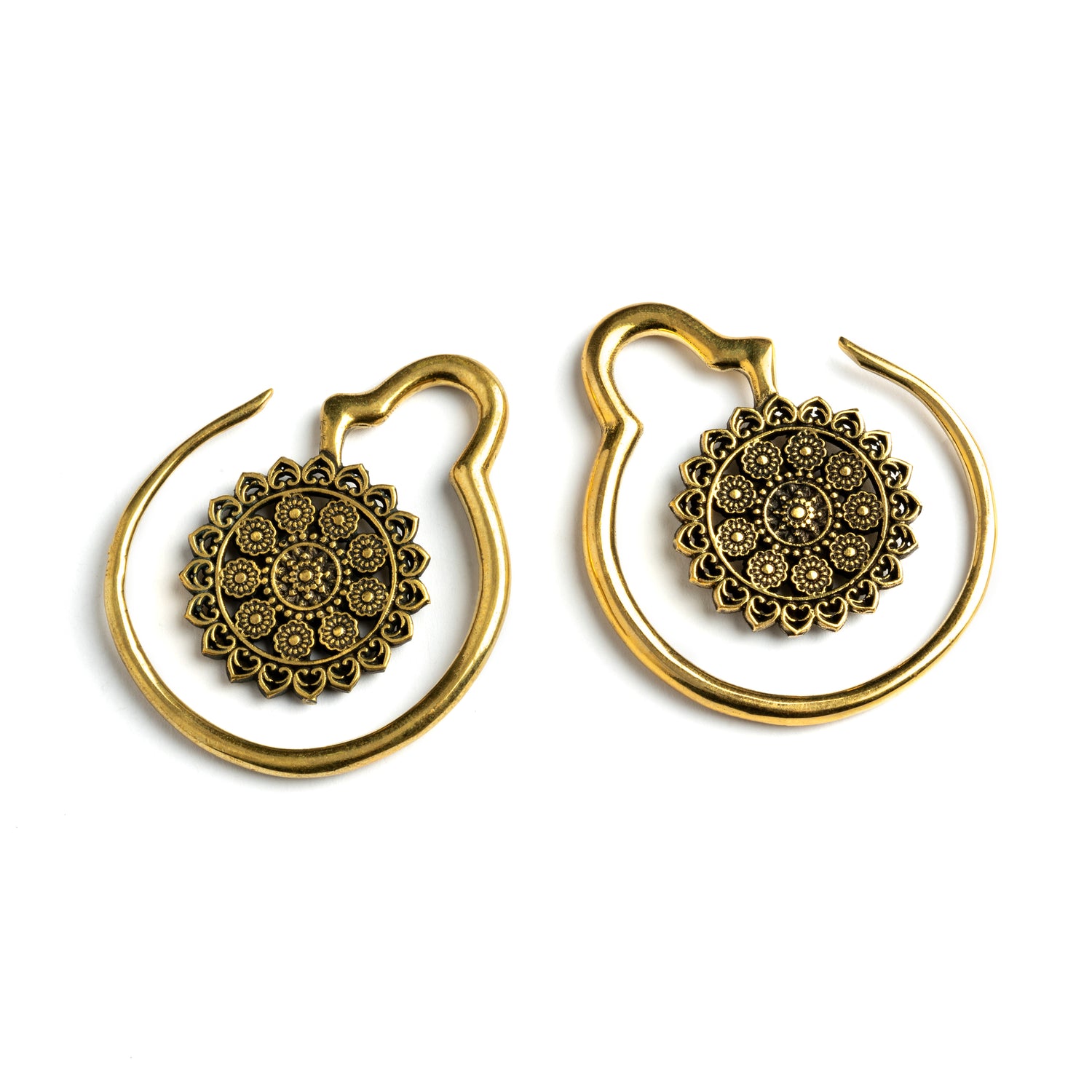 pair of gold brass hook ear hangers with intricate floral filigree frontal view