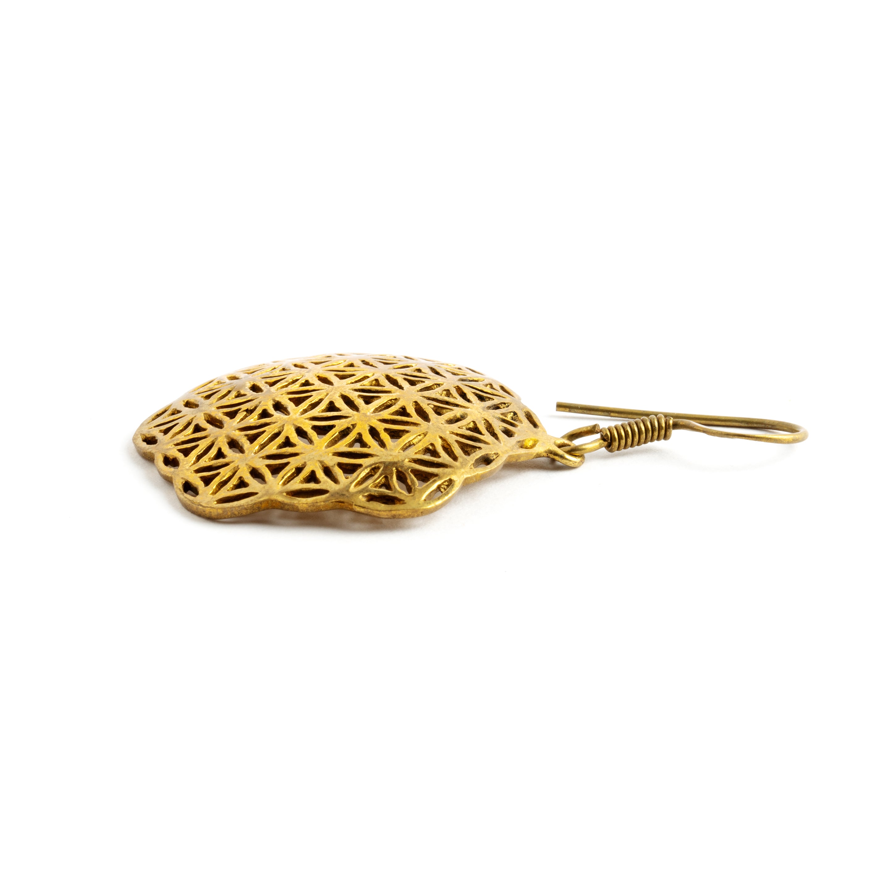 Brass Flower Of Life Earrings side close up view
