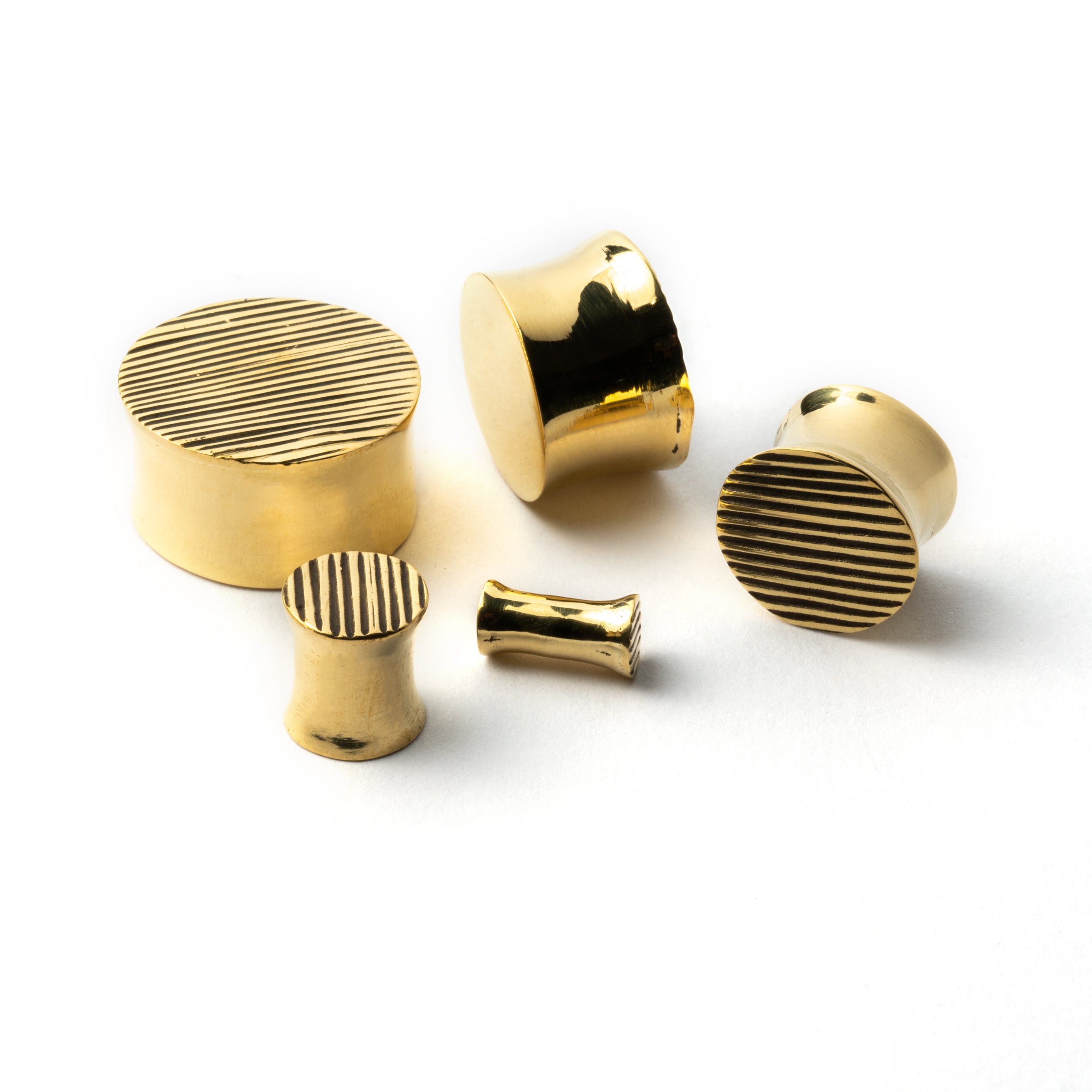 golden brass scratched plug earrings