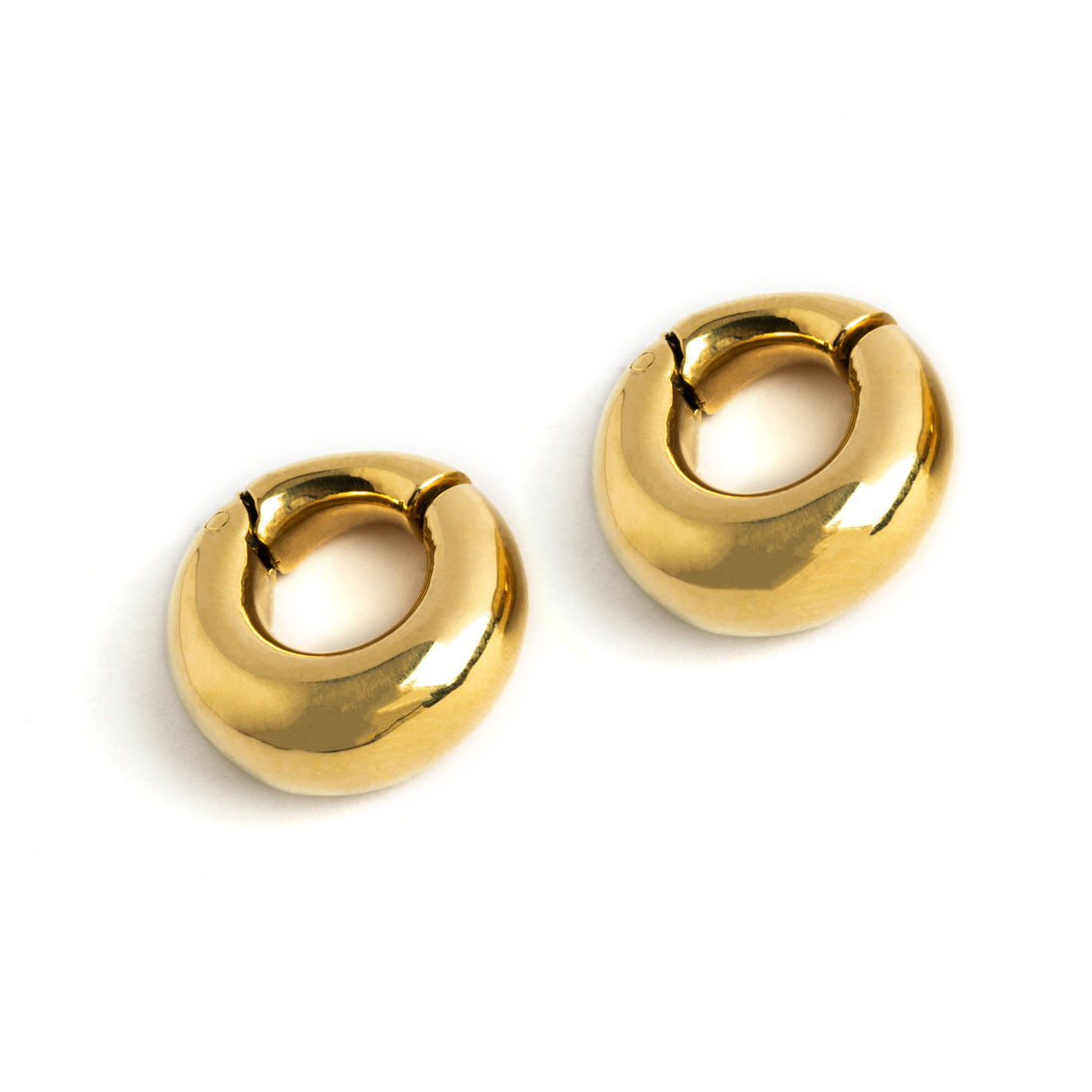 pair of gold brass chunky ear weights hoops right front view