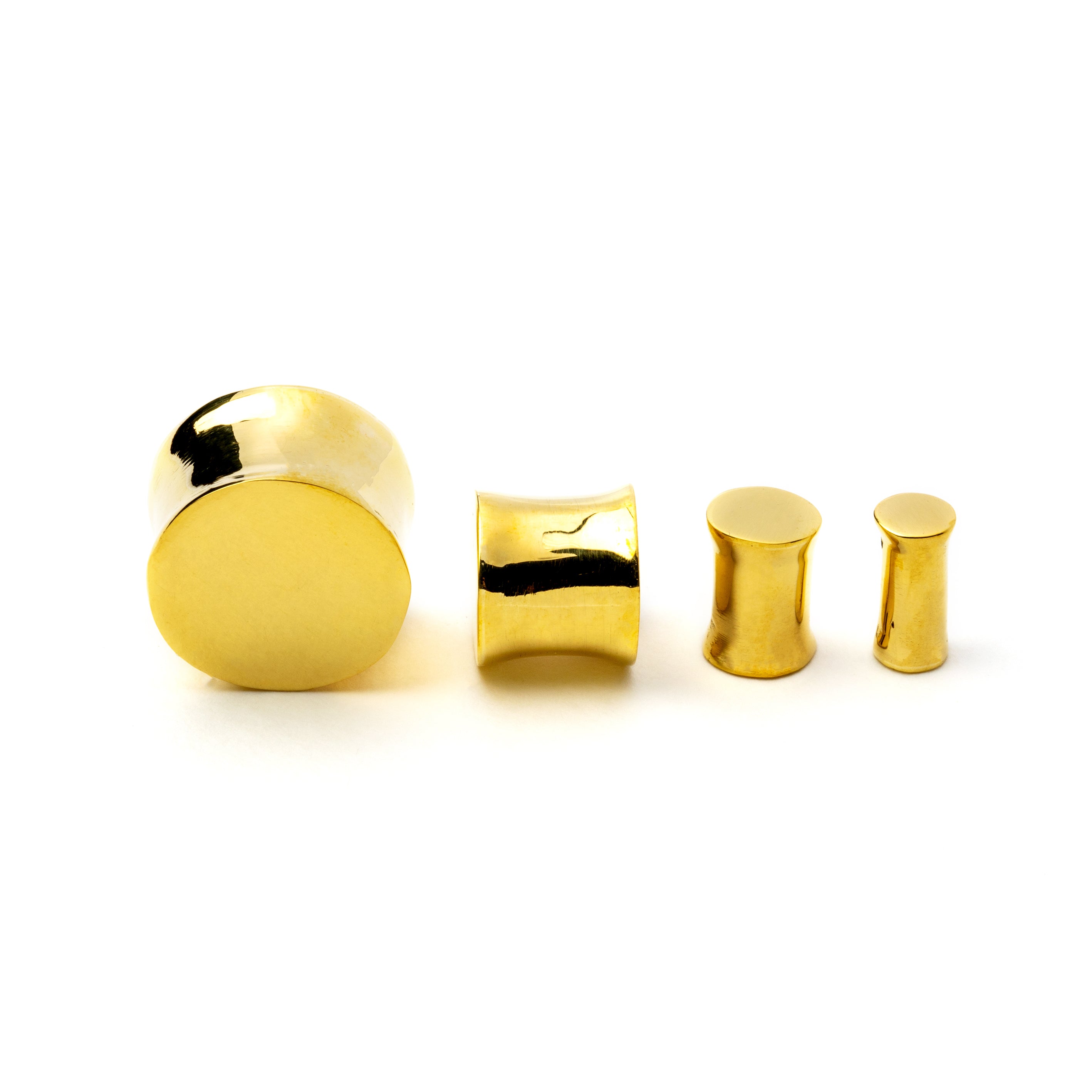 multiple sizes of golden brass plain plug frontal view earrings