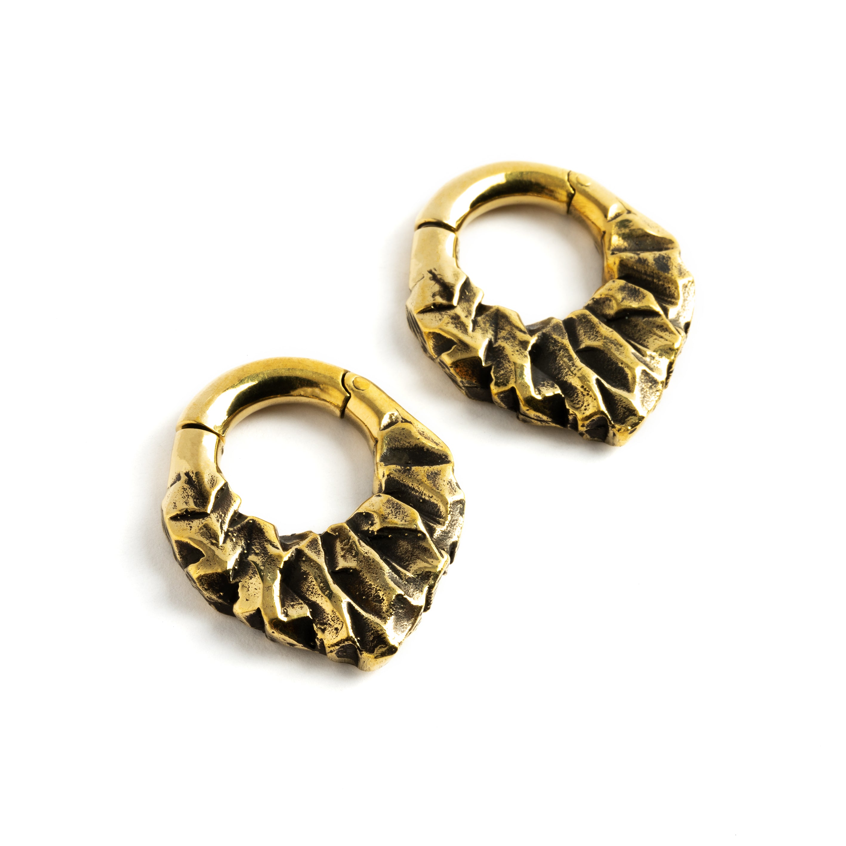 pair of gold brass teardrop shaped ear hoops hangers with rocky texture right front view