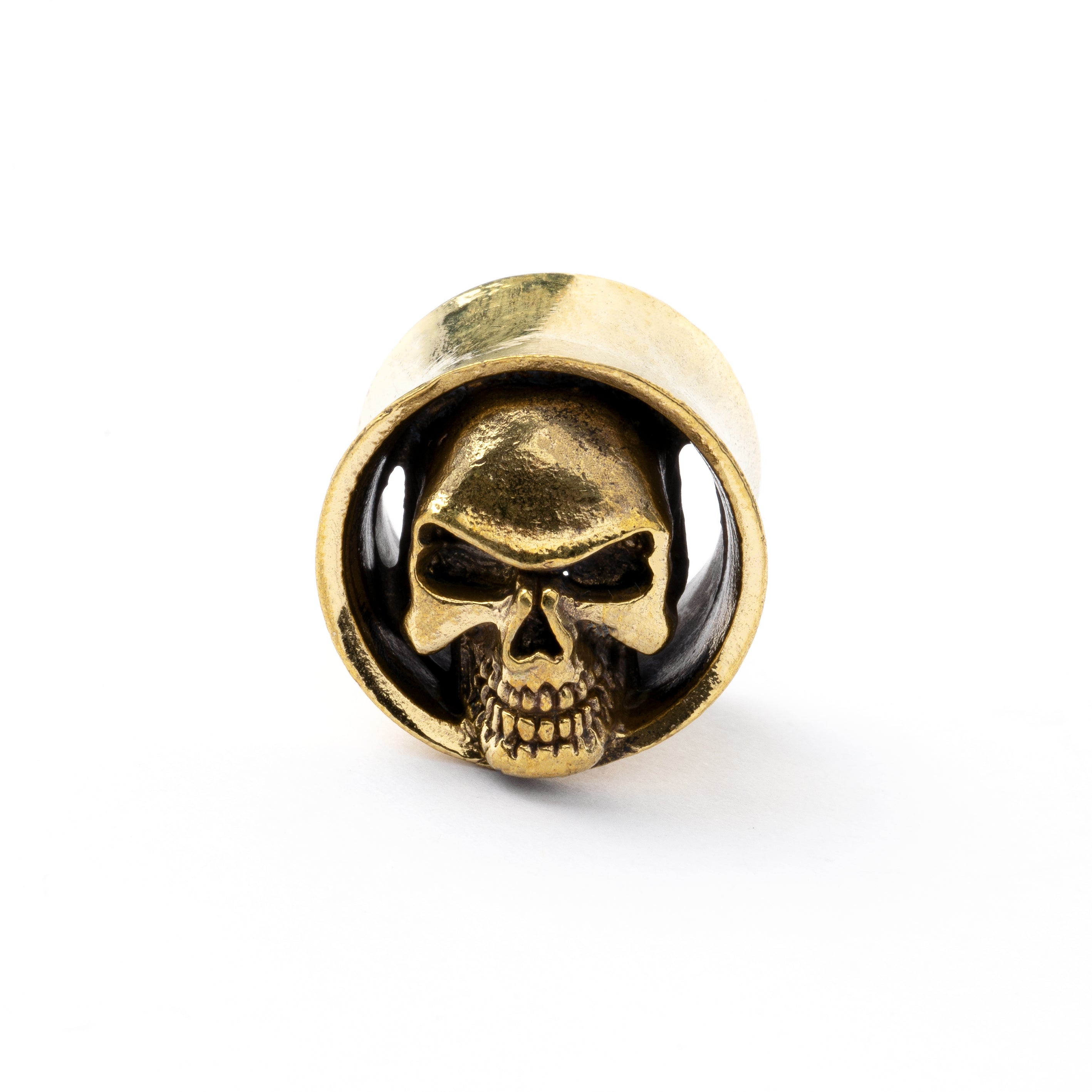 Brass skull ear plug frontal view