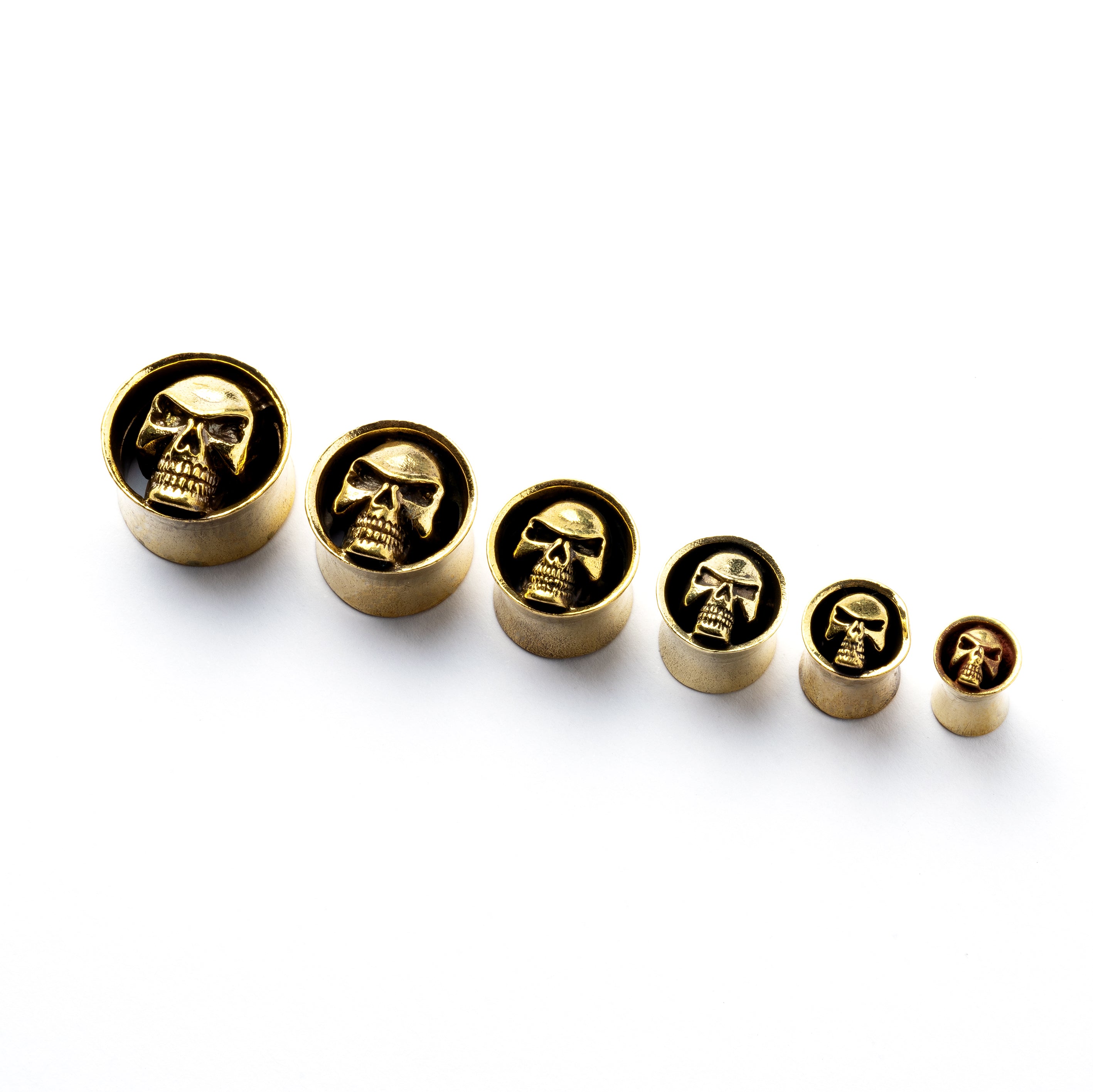 Brass skull ear plugs front and side view