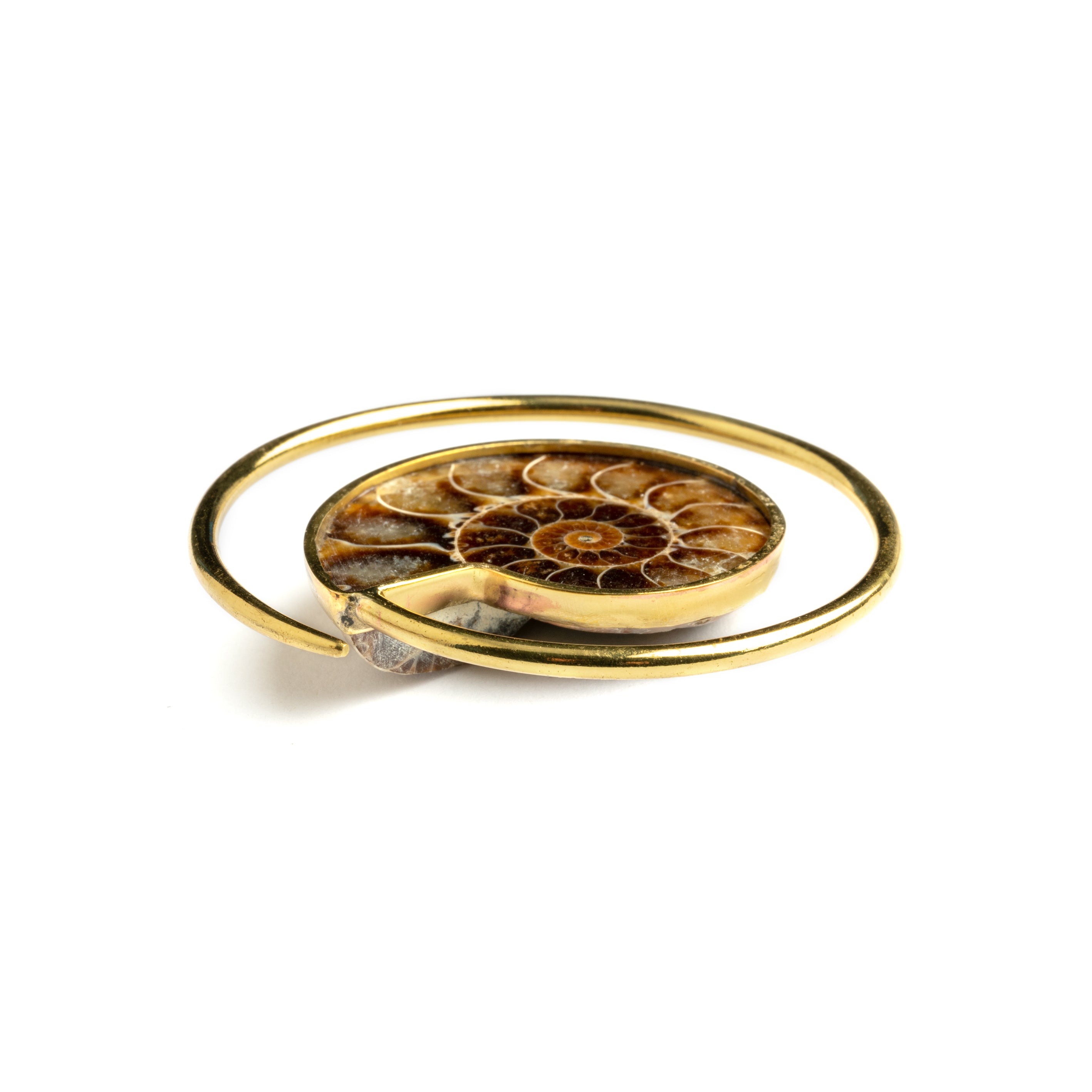 single golden spiral ear weight hanger with Ammonite fossil side close up view