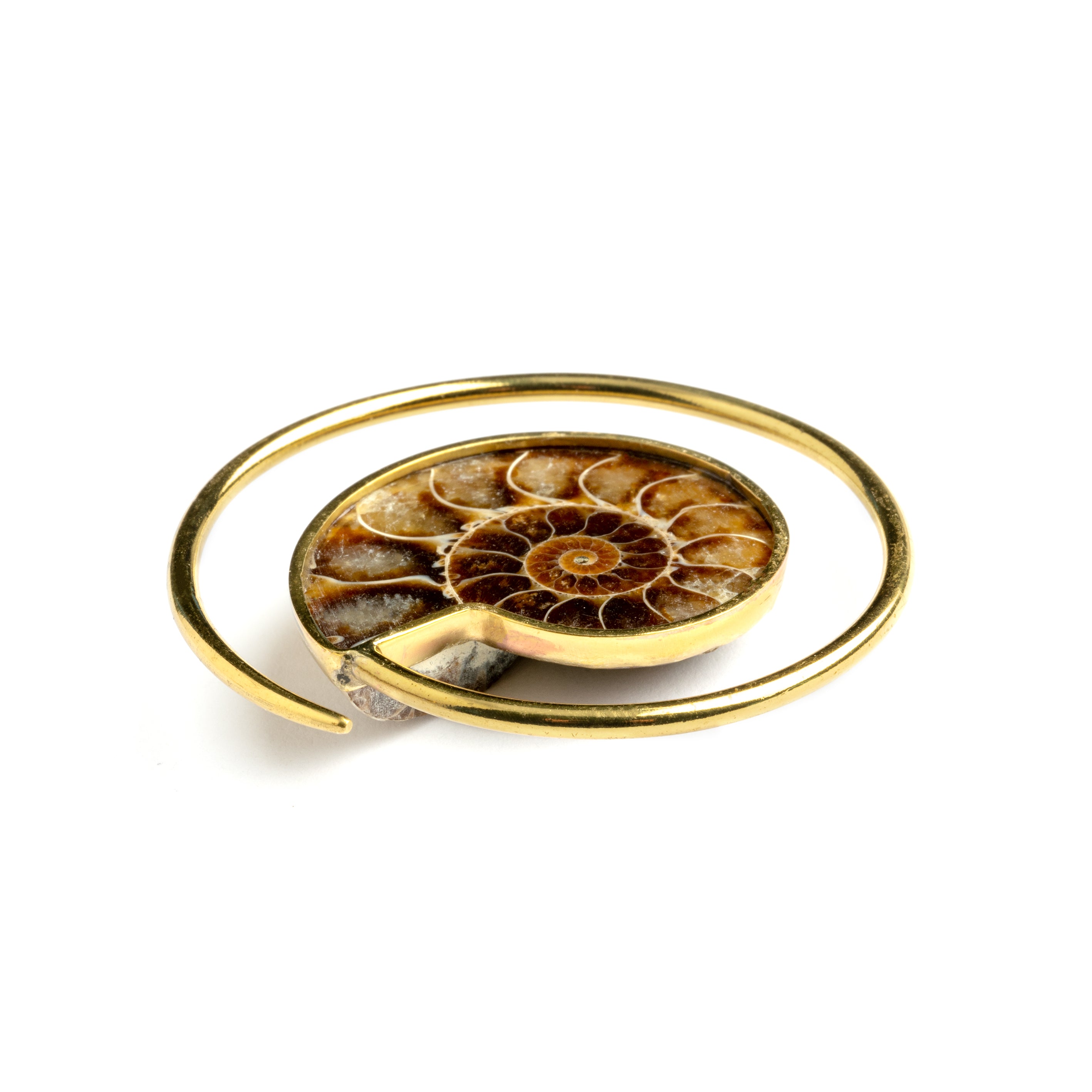 single golden spiral ear weight hanger with Ammonite fossil side view