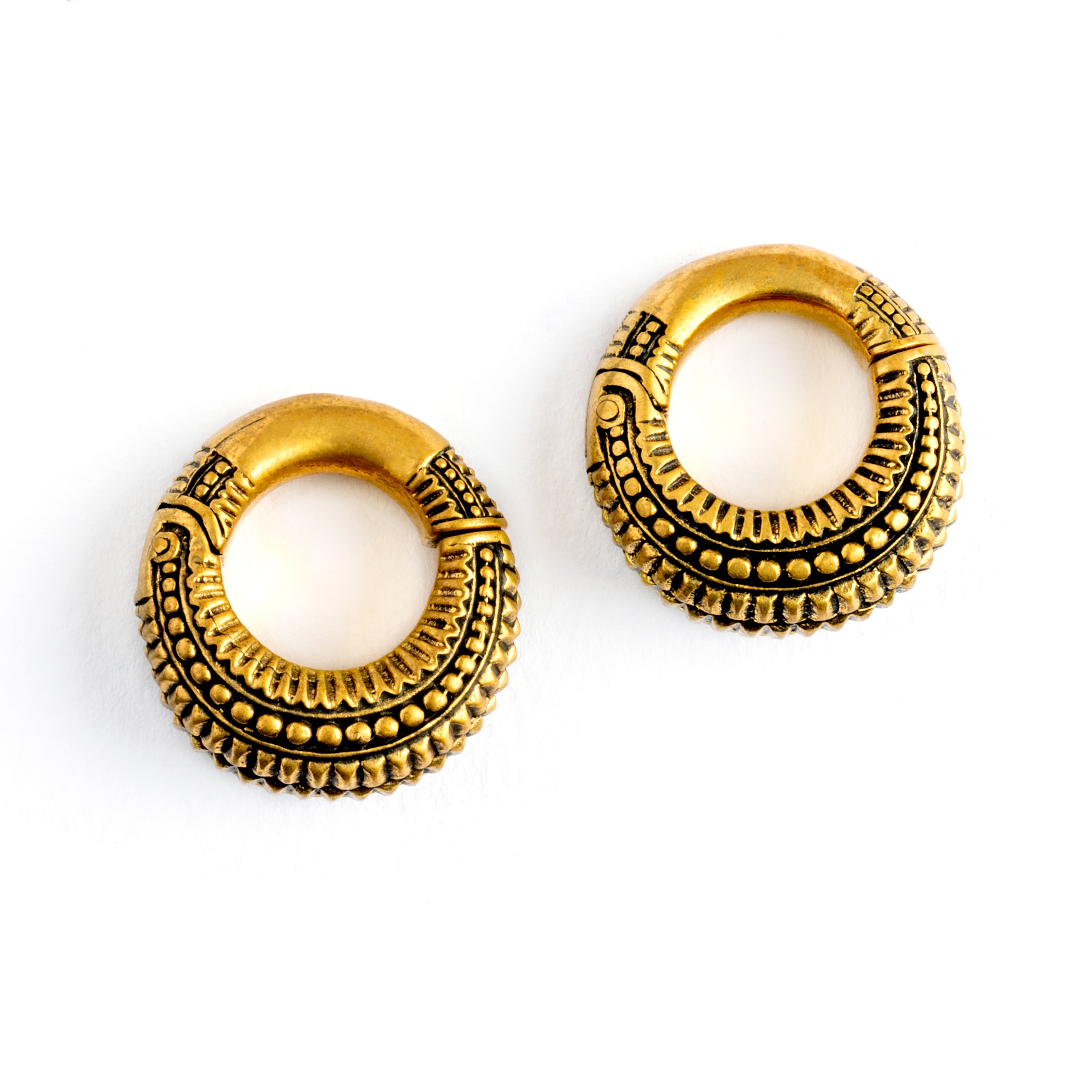 pair of 2g gold brass tribal ear weights hoops frontal view