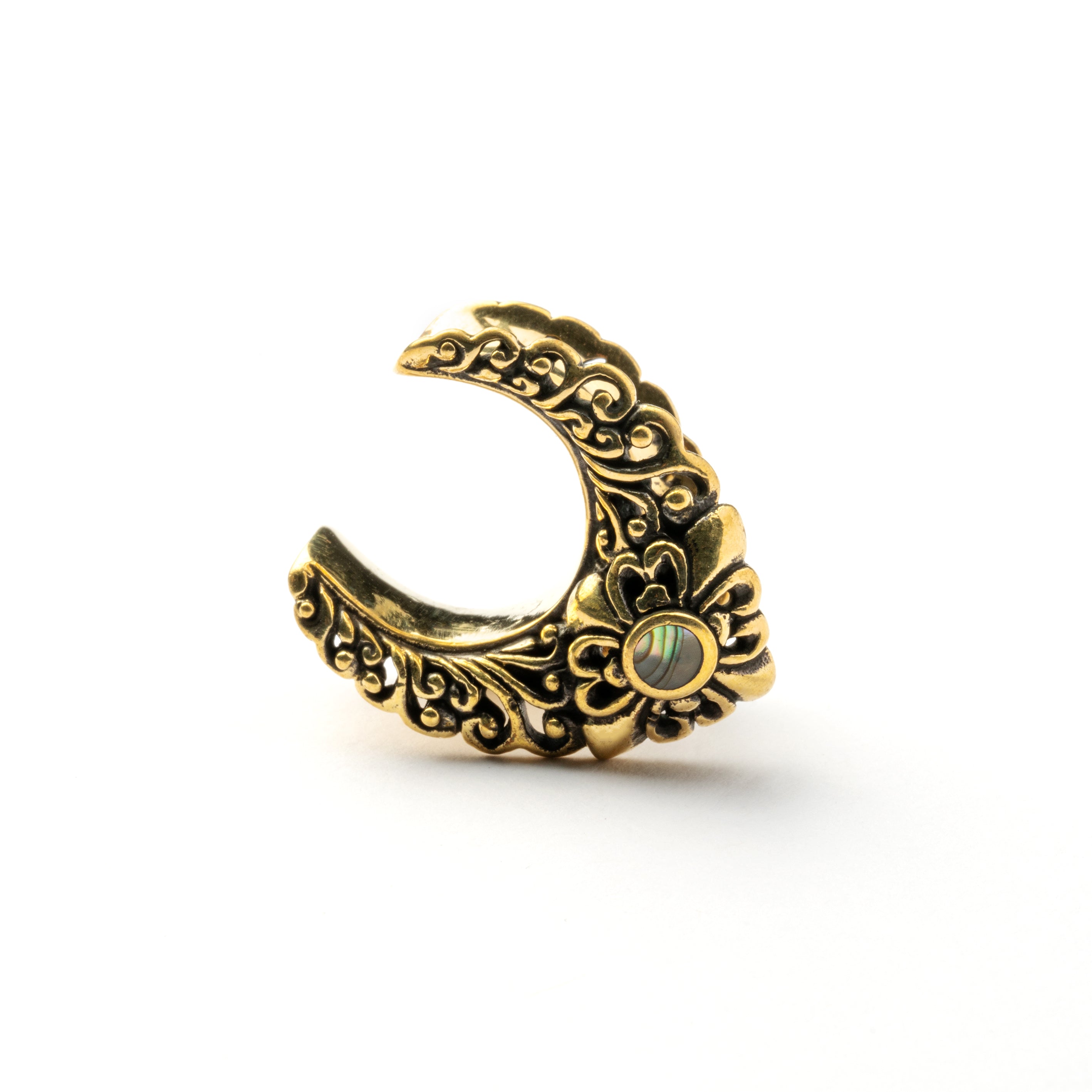 single golden brass victorian teardrop ear saddle with abalone shell front left view