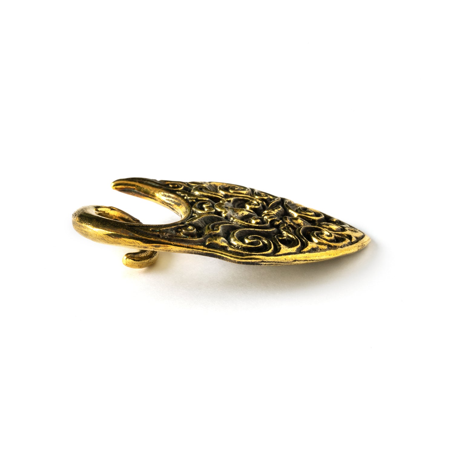 single golden ear weight hanger with victorian floral ornaments side view