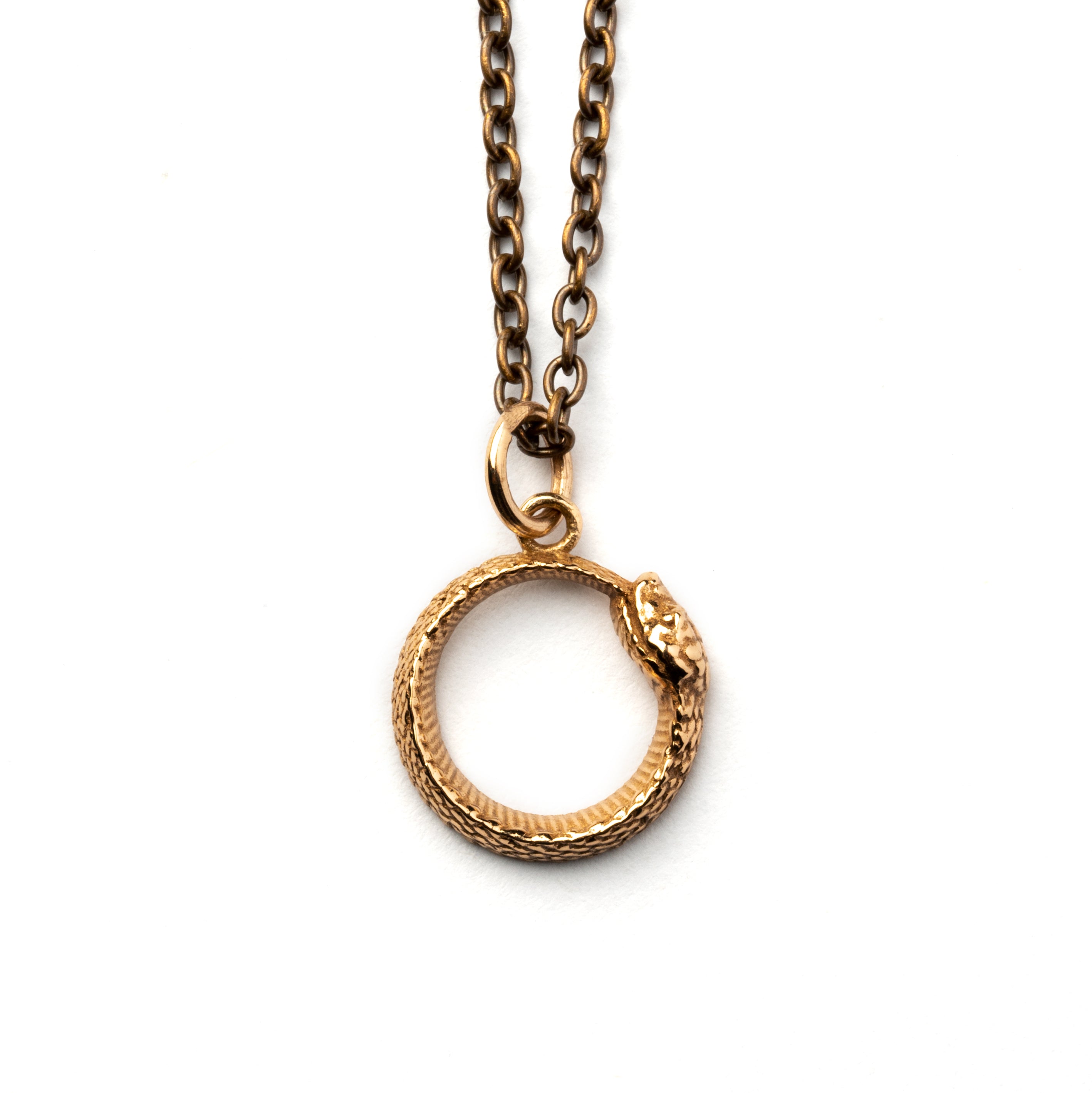 Tiny Bronze Ouroboros snake Charm necklace frontal view