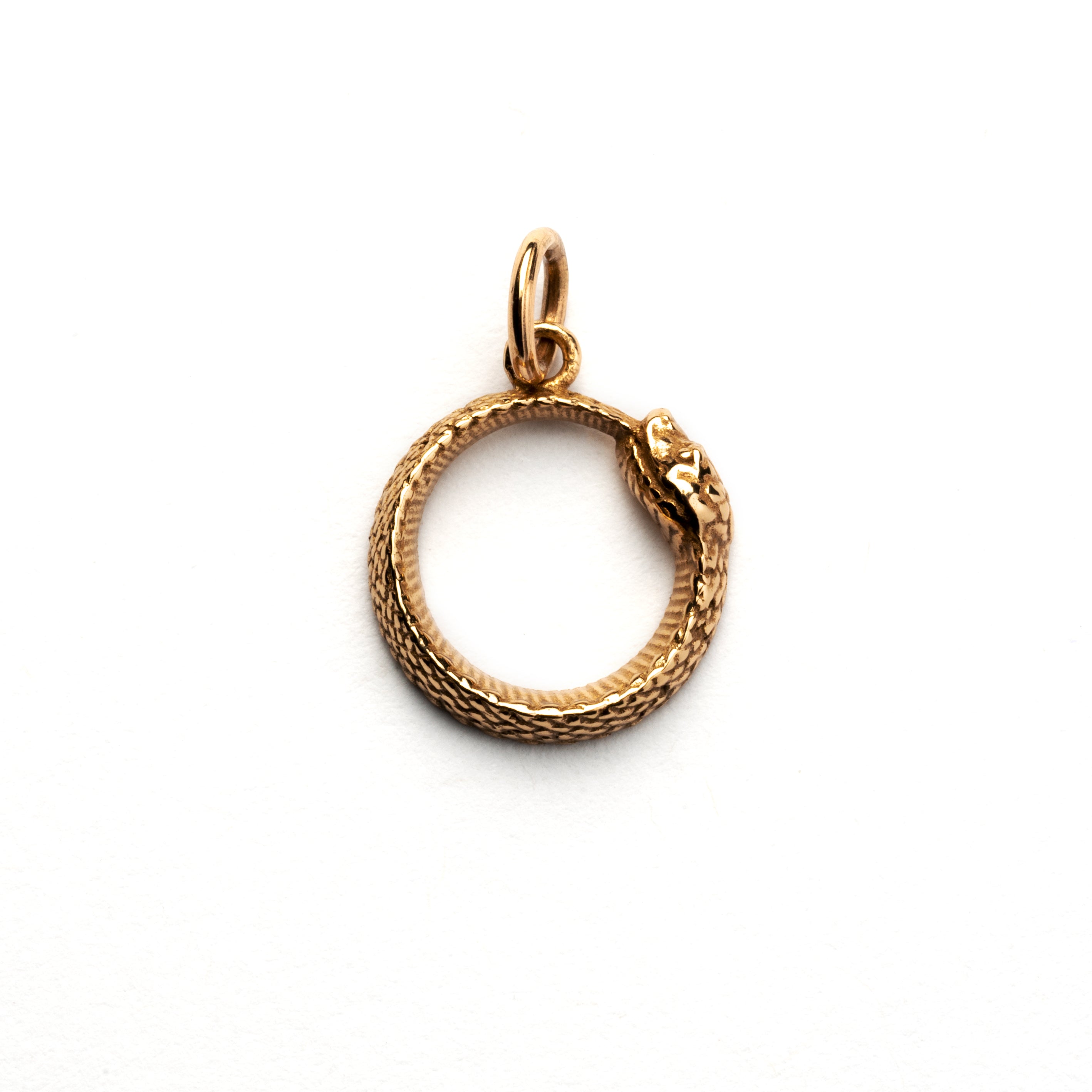 Tiny Bronze Ouroboros snake Charm necklace frontal view