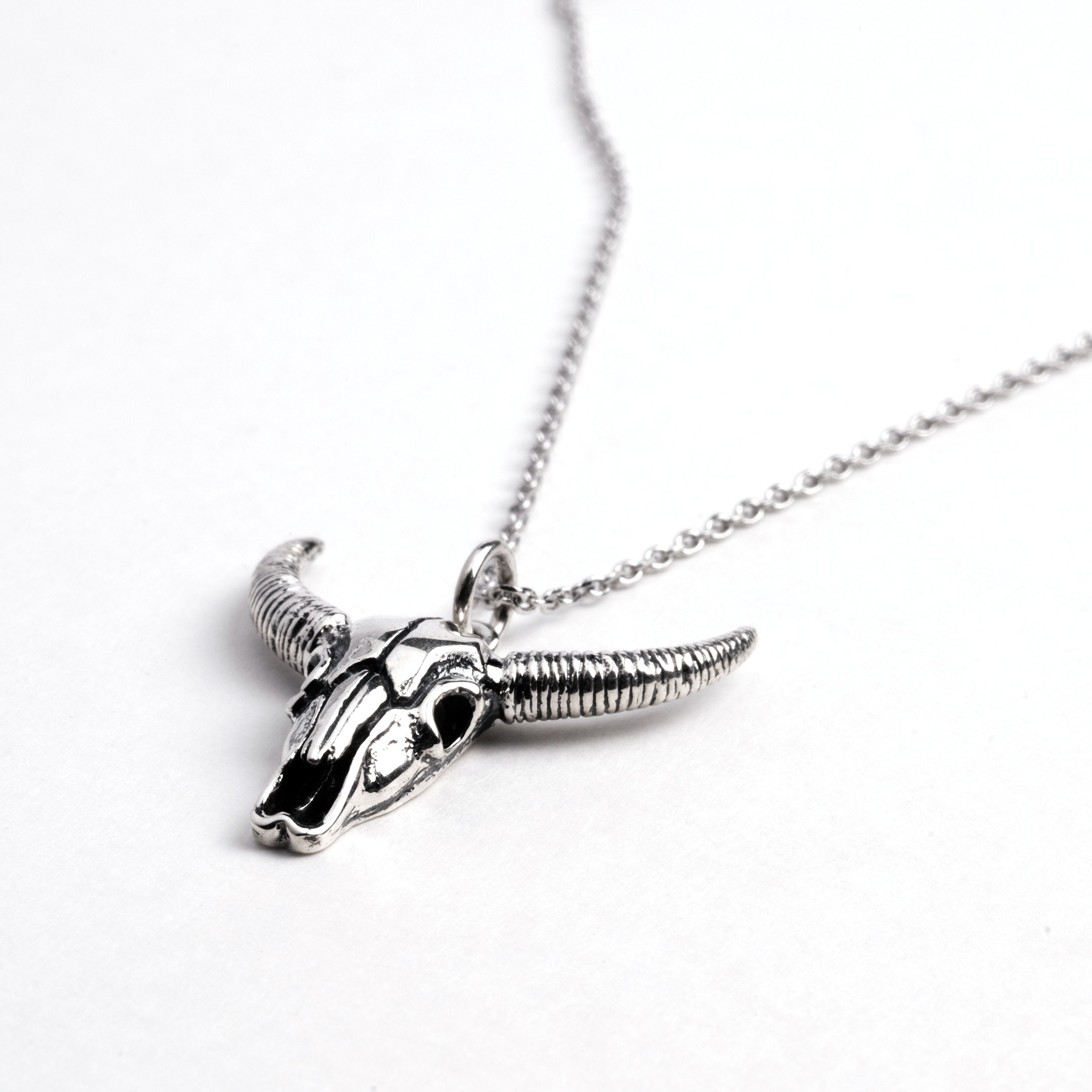 Bull skull silver charm necklace right side view