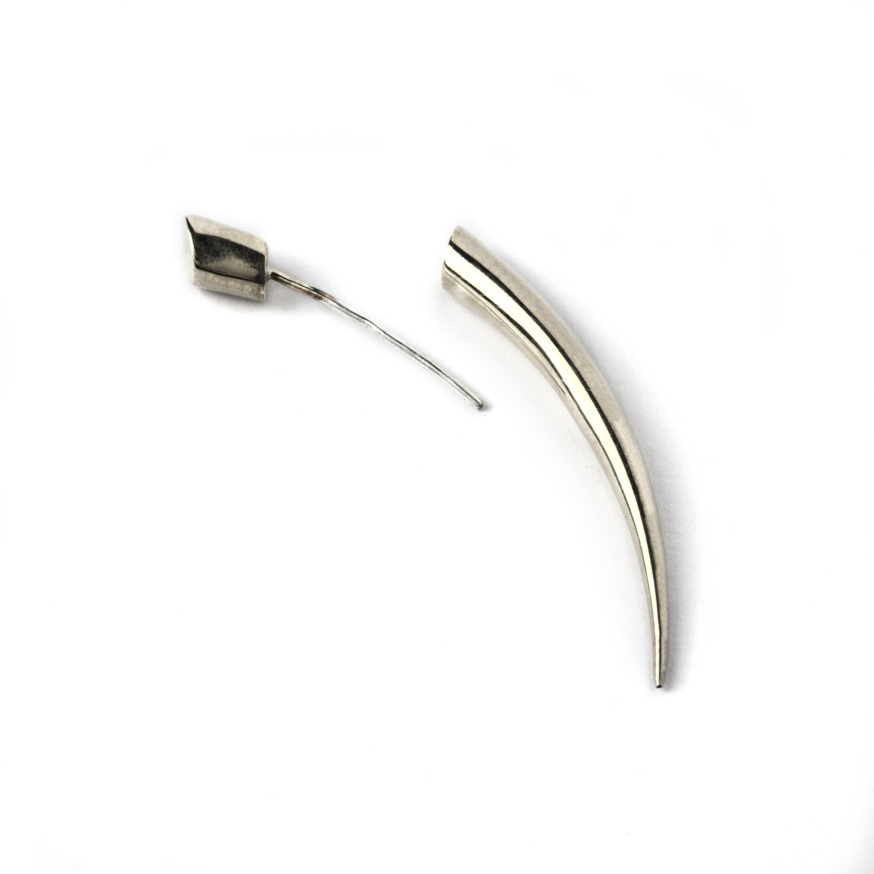 silver curved spike fake gauge earring closure view