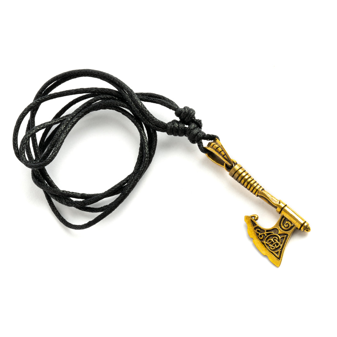 golden brass Celtic axe pendant on a cotton string right side view