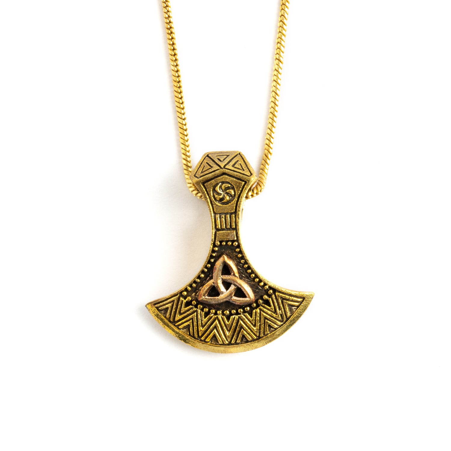 Great Celtic pendant ornamented with the symbol of eternal spiritual life- The trinity knot, a shape that forms by a continuous line that interweaves around itself, with no beginning and no end.   Material: Brass, Copper inlay Nickel, cadmium and lead free. Dimensions : H 35mm , W 30mm Comes on adjustable cotton string or 24" brass chain.