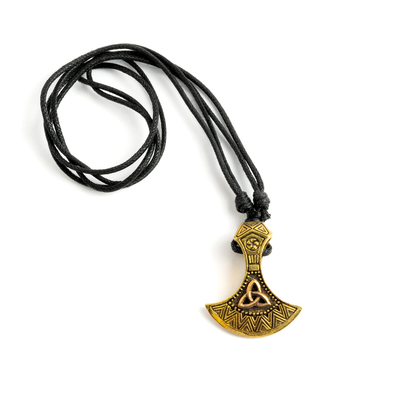 Great Celtic pendant ornamented with the symbol of eternal spiritual life- The trinity knot, a shape that forms by a continuous line that interweaves around itself, with no beginning and no end.   Material: Brass, Copper inlay Nickel, cadmium and lead free. Dimensions : H 35mm , W 30mm Comes on adjustable cotton string or 24" brass chain.