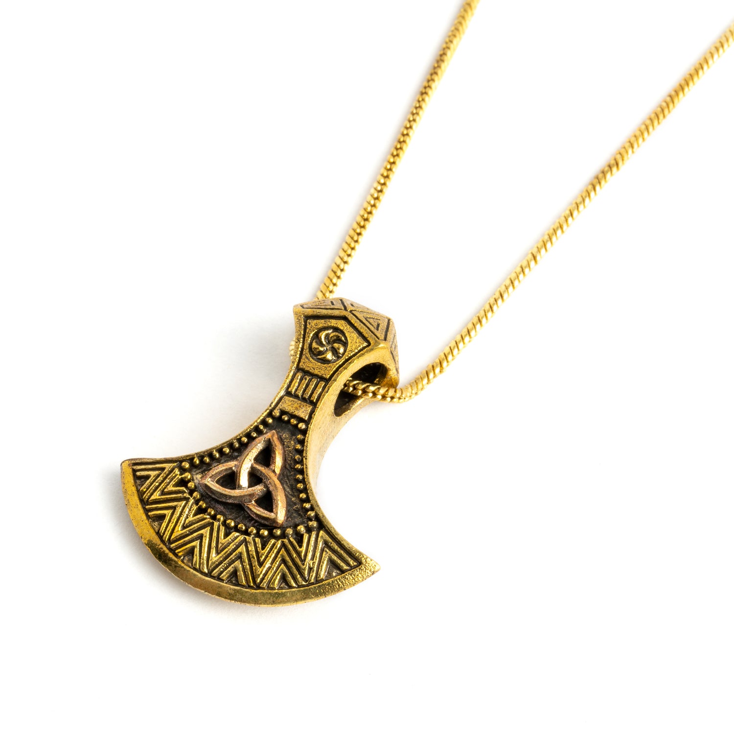 Great Celtic pendant ornamented with the symbol of eternal spiritual life- The trinity knot, a shape that forms by a continuous line that interweaves around itself, with no beginning and no end.   Material: Brass, Copper inlay Nickel, cadmium and lead free. Dimensions : H 35mm , W 30mm Comes on adjustable cotton string or 24" brass chain.