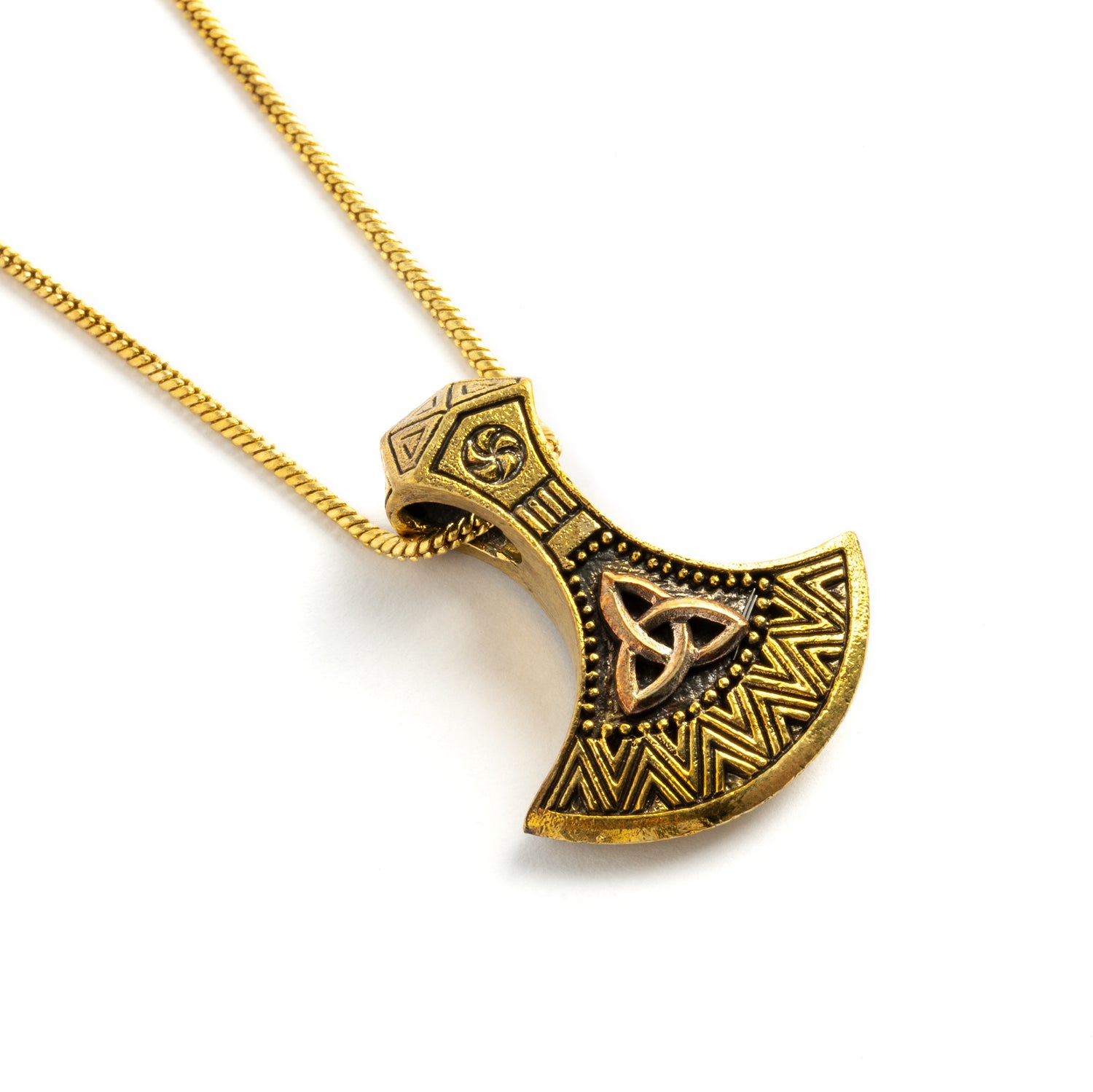 Great Celtic pendant ornamented with the symbol of eternal spiritual life- The trinity knot, a shape that forms by a continuous line that interweaves around itself, with no beginning and no end.   Material: Brass, Copper inlay Nickel, cadmium and lead free. Dimensions : H 35mm , W 30mm Comes on adjustable cotton string or 24" brass chain.