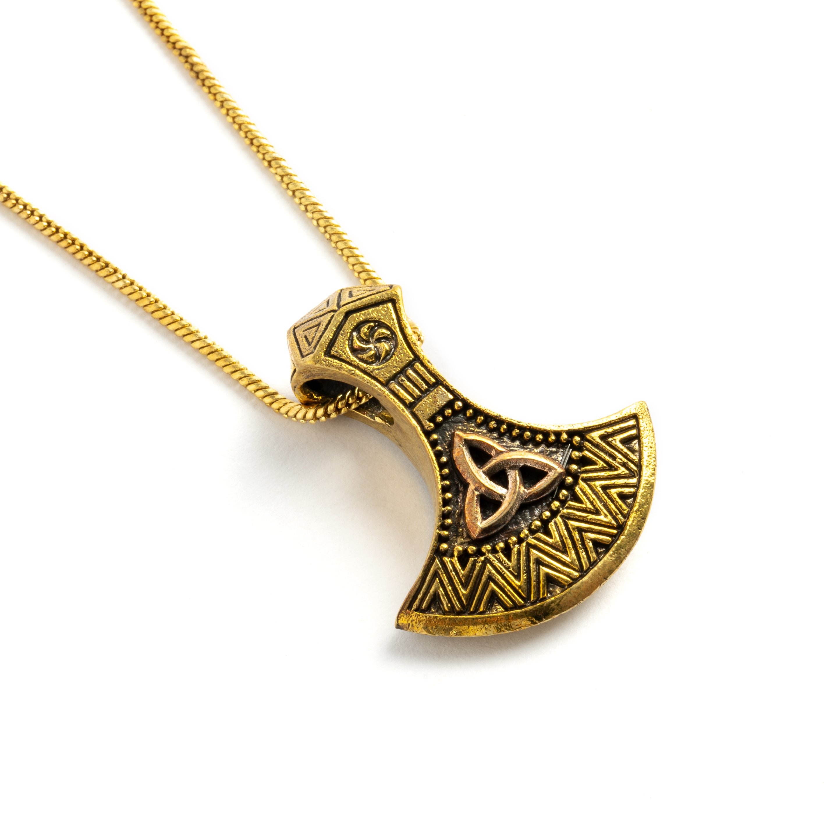Great Celtic pendant ornamented with the symbol of eternal spiritual life- The trinity knot, a shape that forms by a continuous line that interweaves around itself, with no beginning and no end. Material: Brass, Copper inlay Nickel, cadmium and lead free. Dimensions : H 35mm , W 30mm Comes on adjustable cotton string or 24" brass chain.