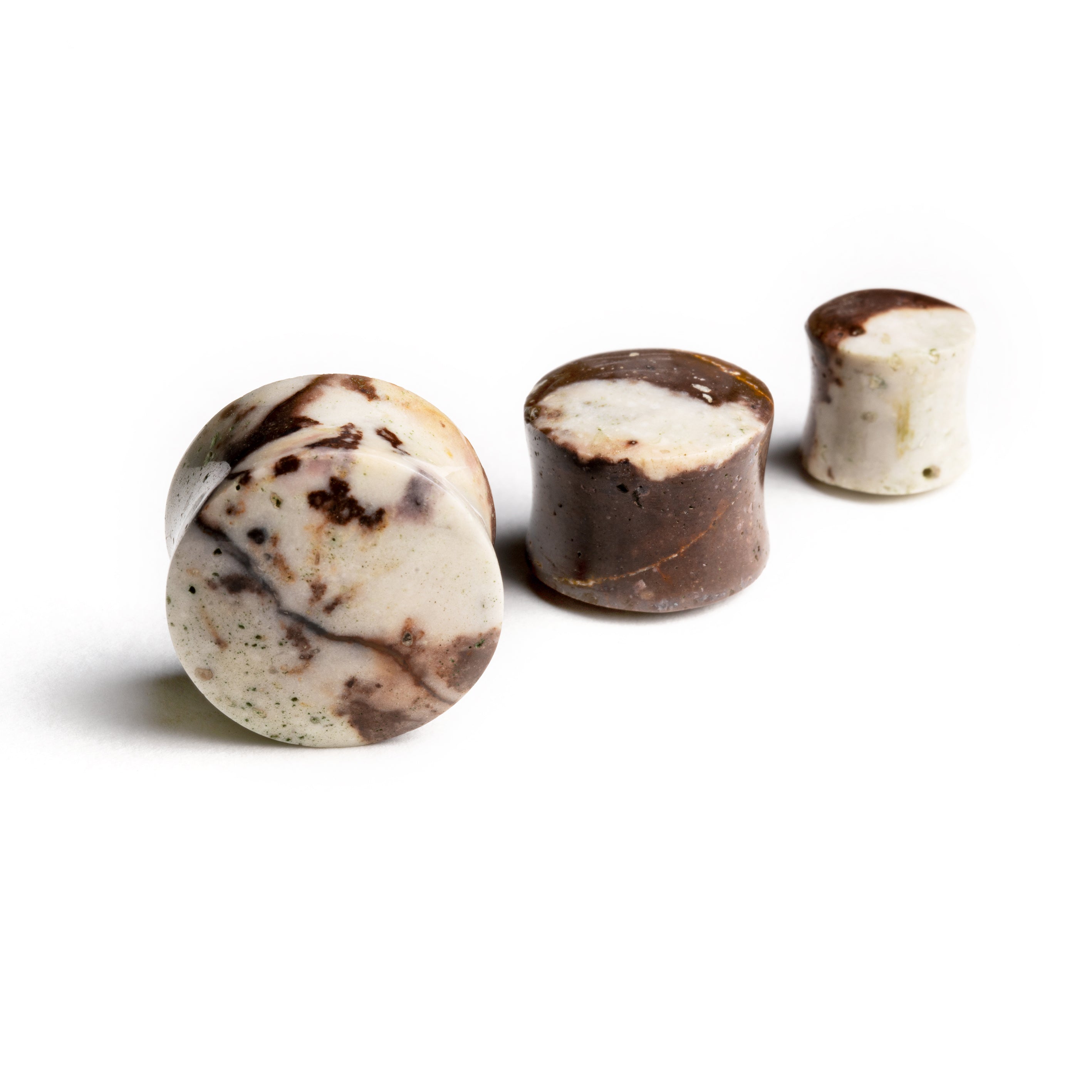 several sizes of Chocolate Jasper stone double flare ear plugs front and side view