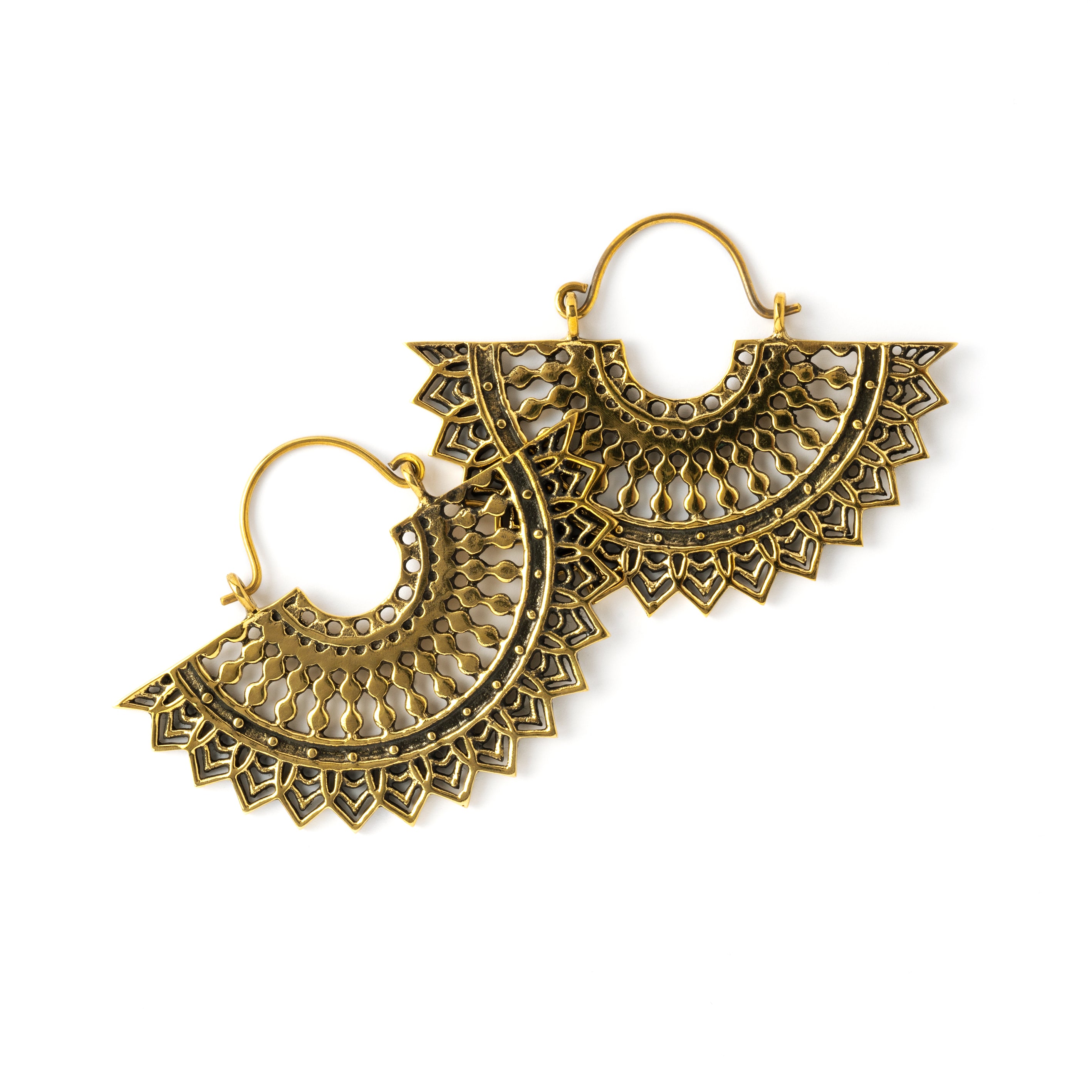 pair of golden brass fan shaped earrings frontal view