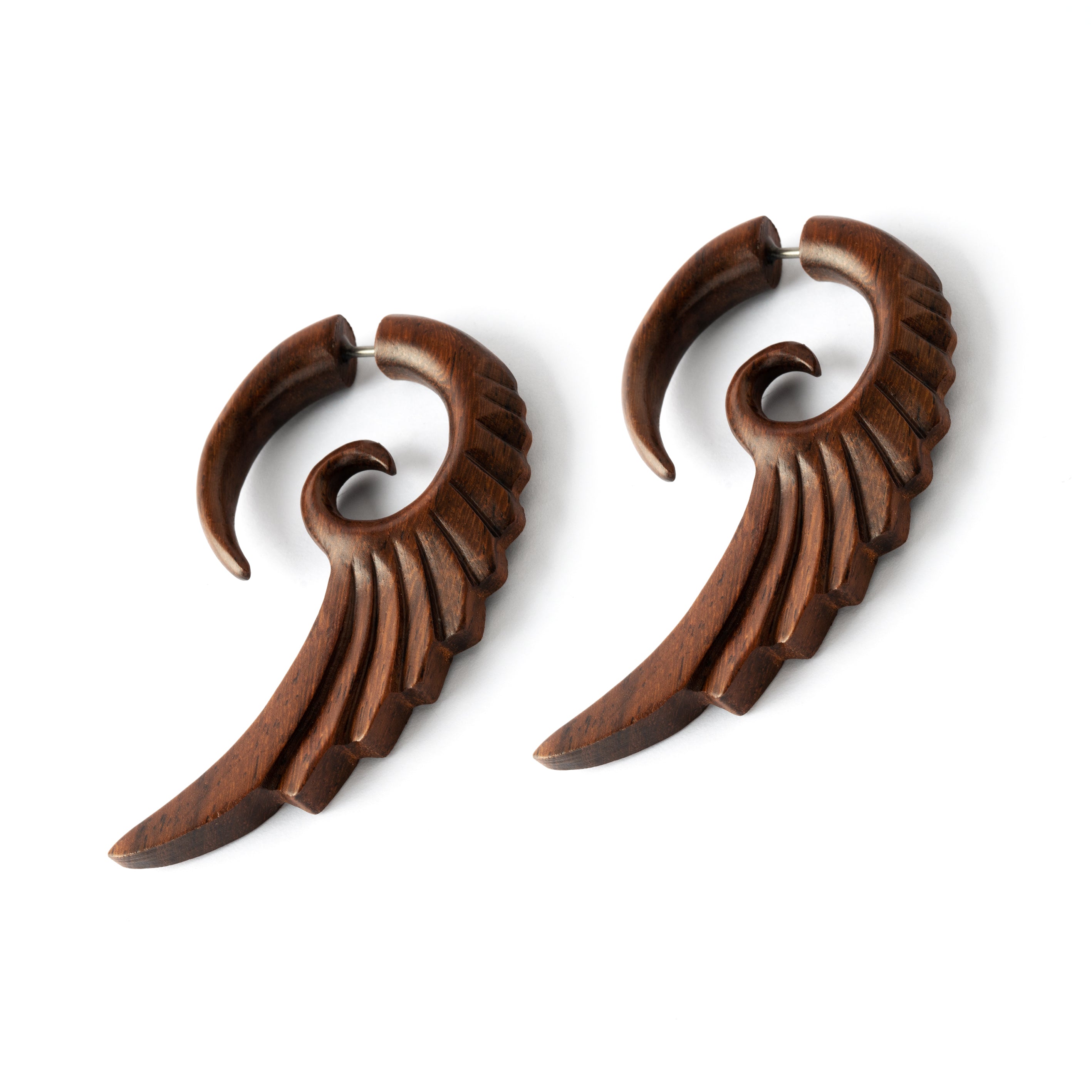 pair of cockatoo shaped out of wood fake gauge earrings