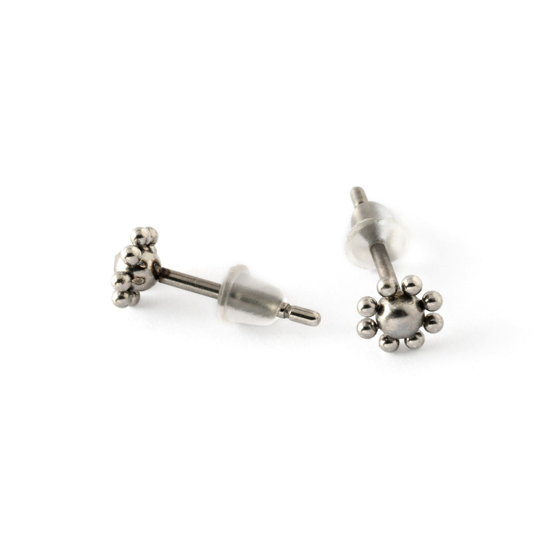 pair of surgical steel flower stud earrings front and back view 