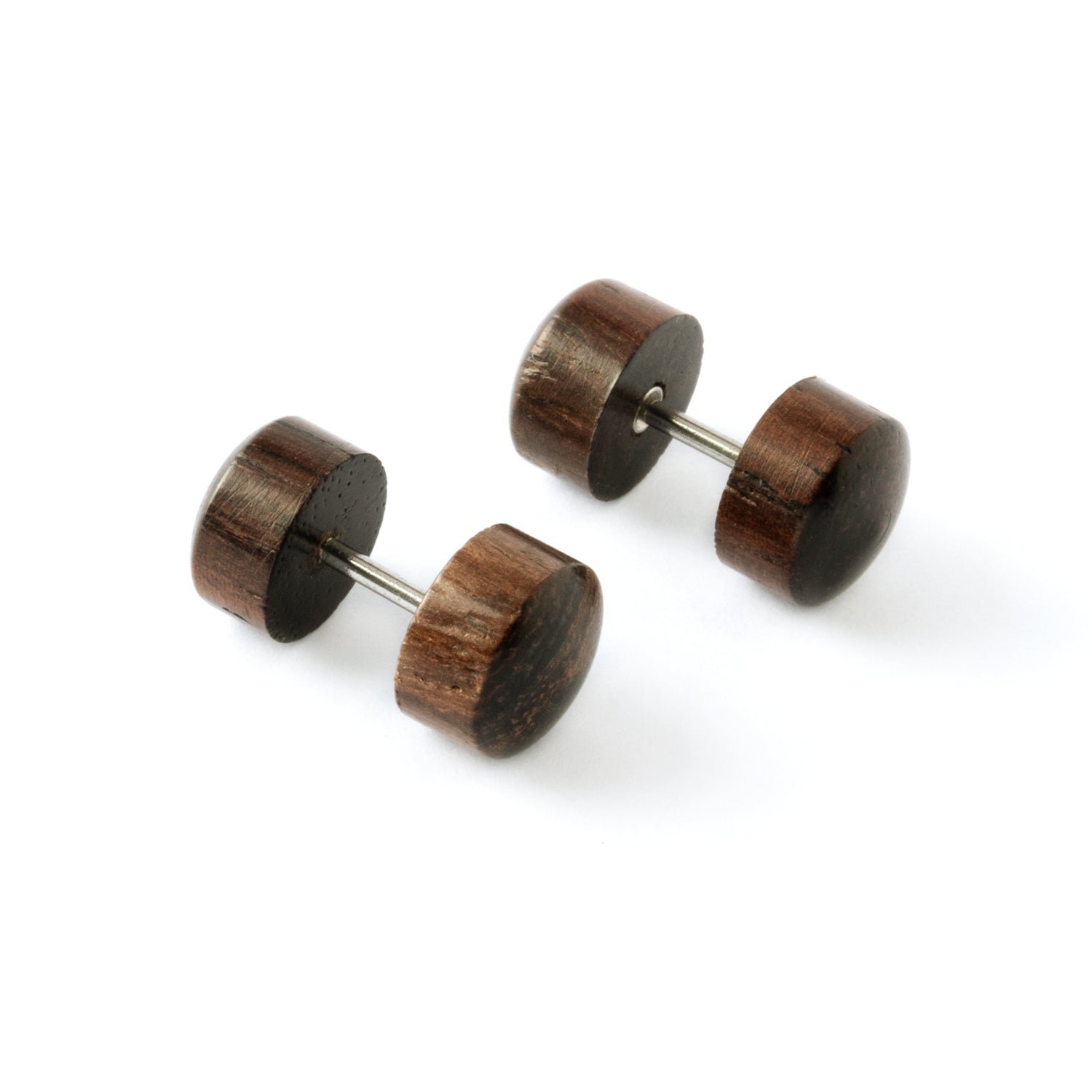 Pair of dark Narra wood fake plugs earrings right side view