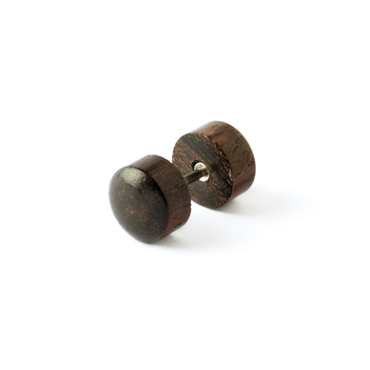 dark Narra wood fake plug earring right front view