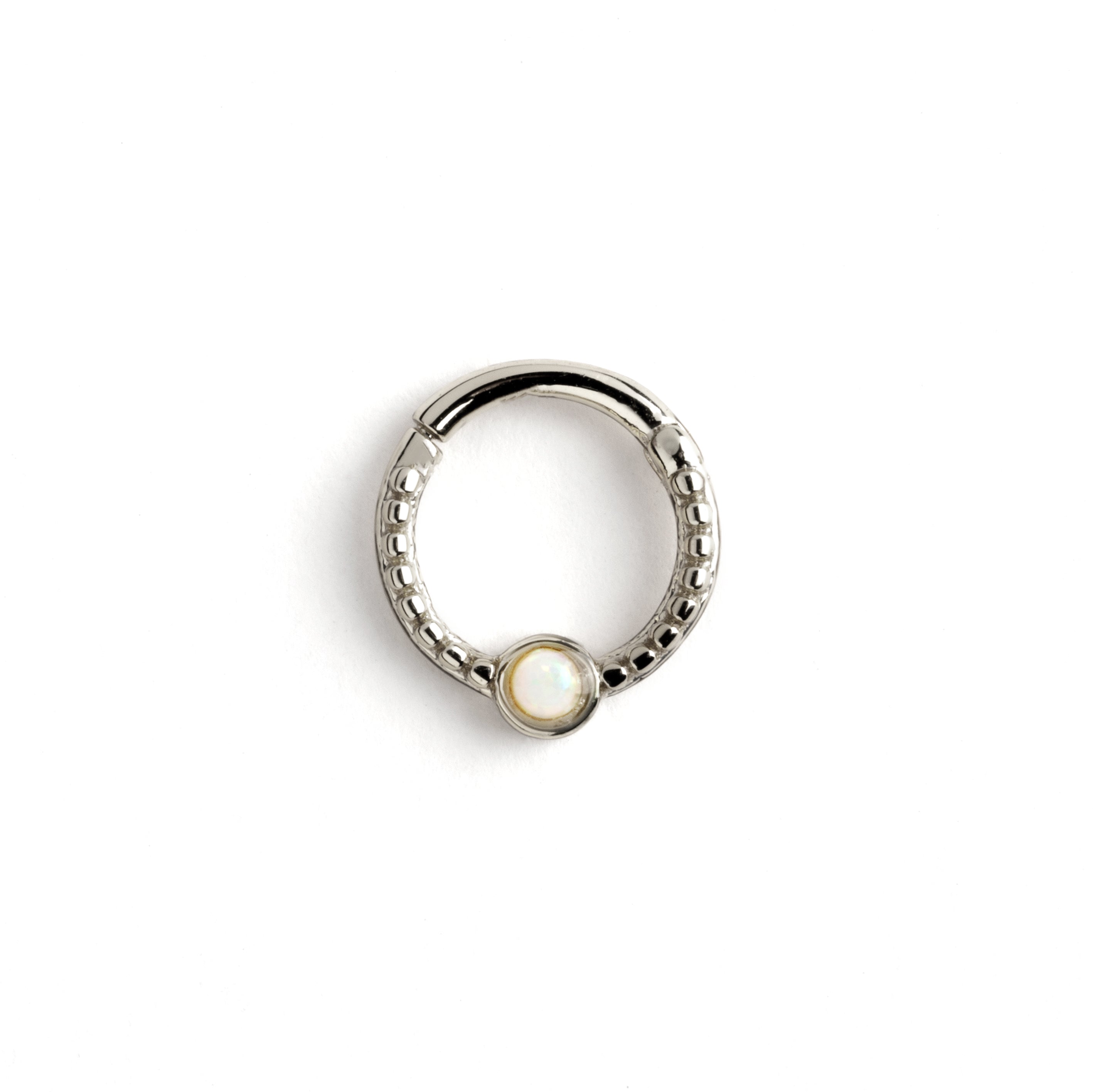 Dayaa surgical steel septum clicker with white opal frontal view