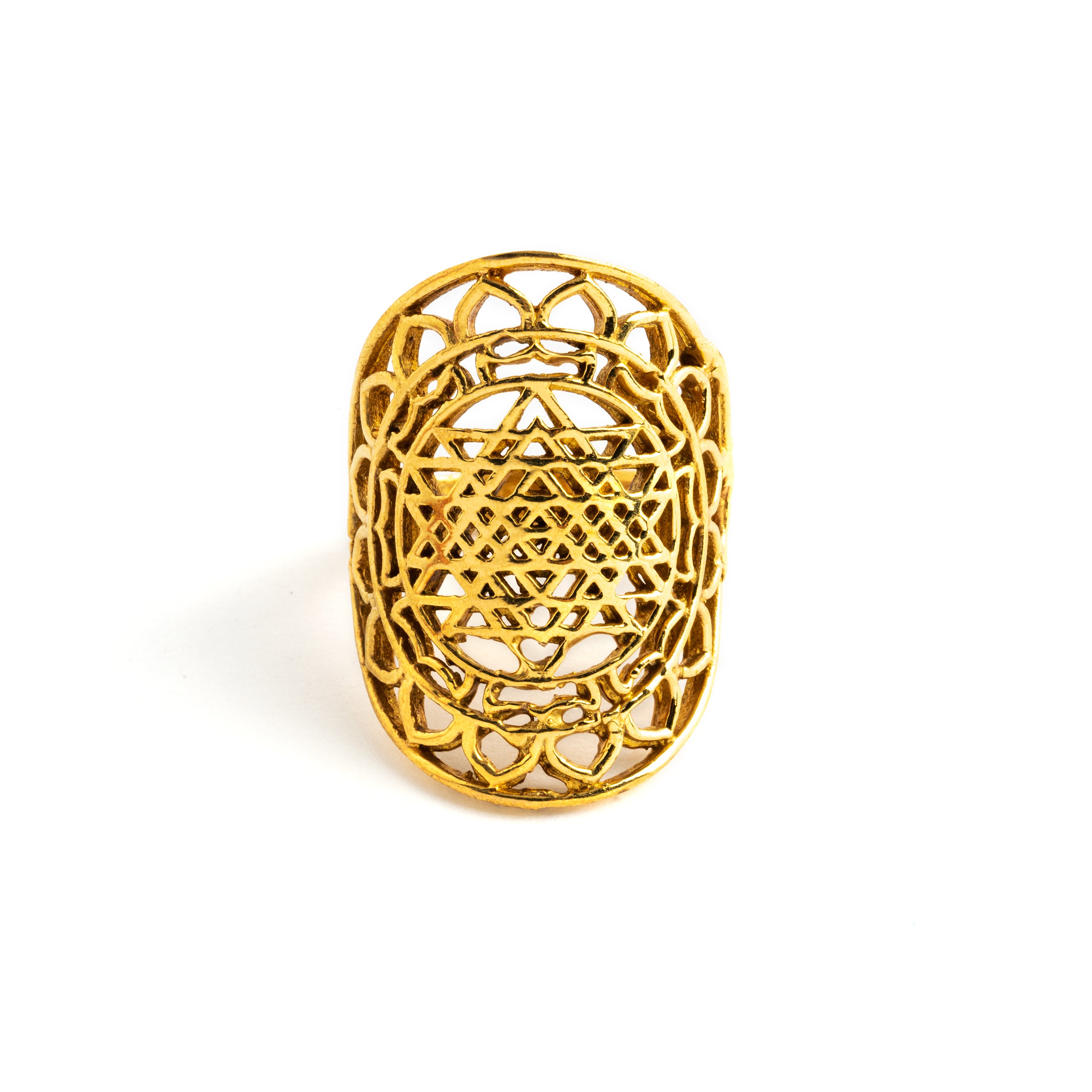 Sri Yantra Mandala Brass Ring frontal view