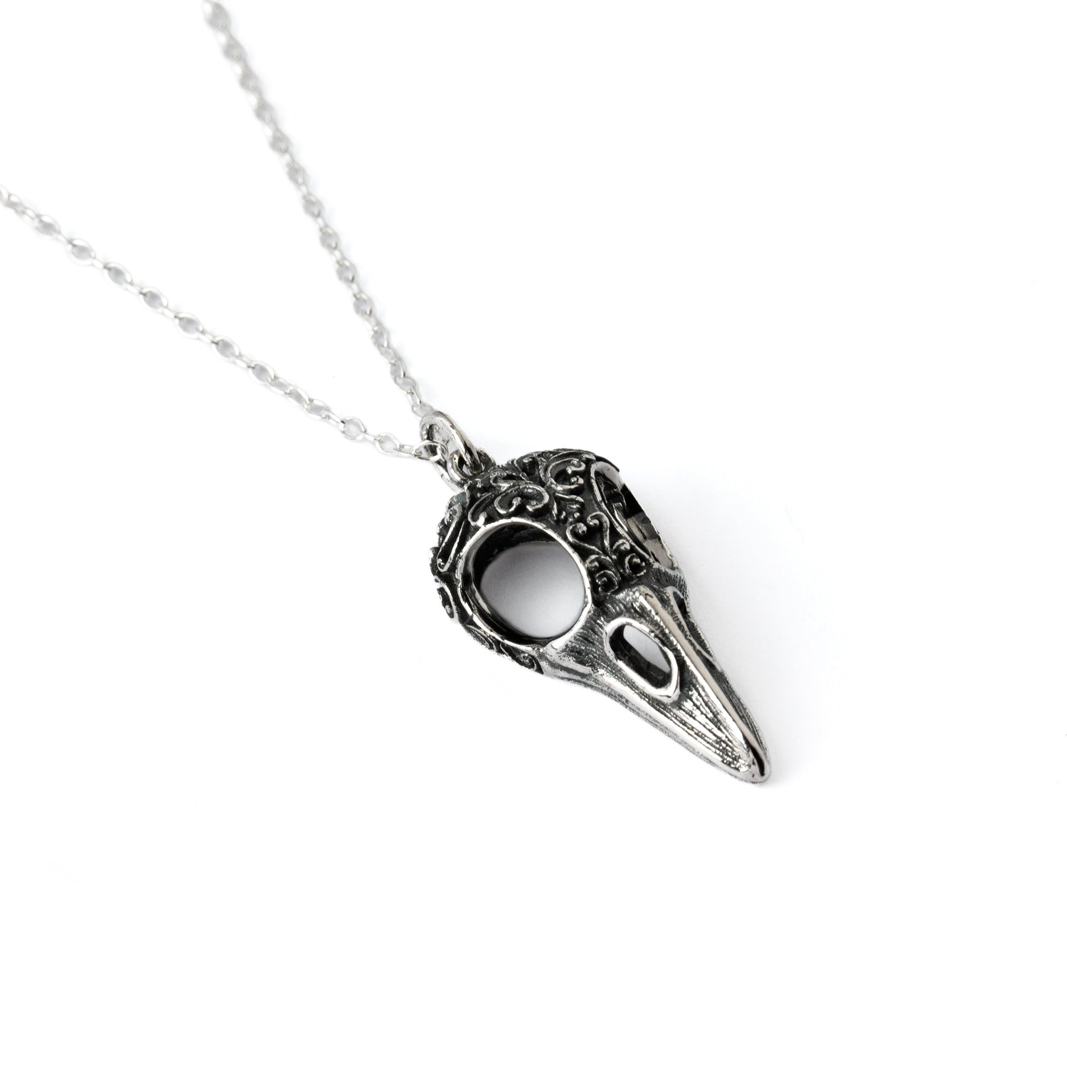 Victorian Raven Skull Silver Charm Necklace left side view