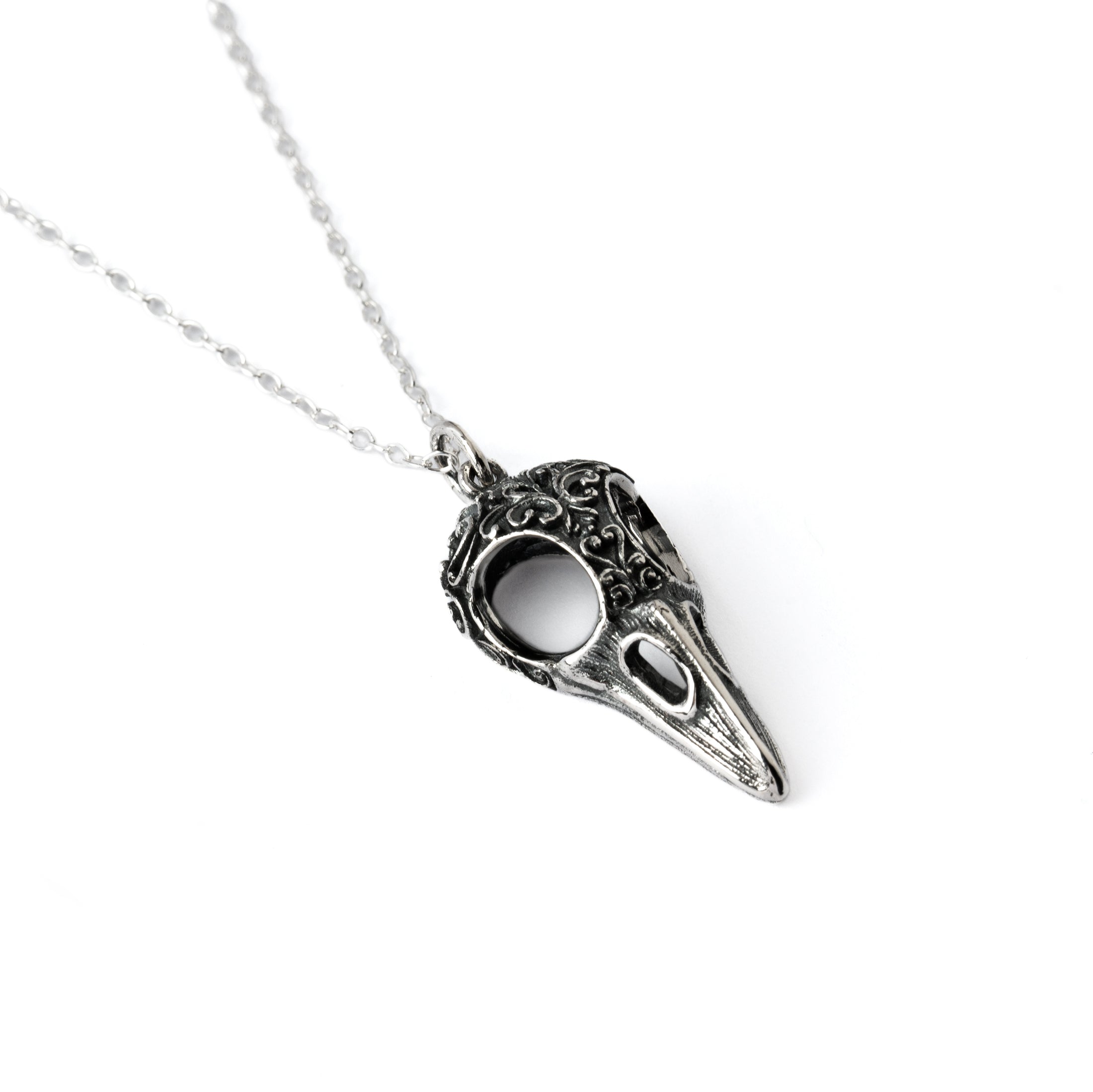 Victorian Raven Skull Silver Charm Necklace left side view