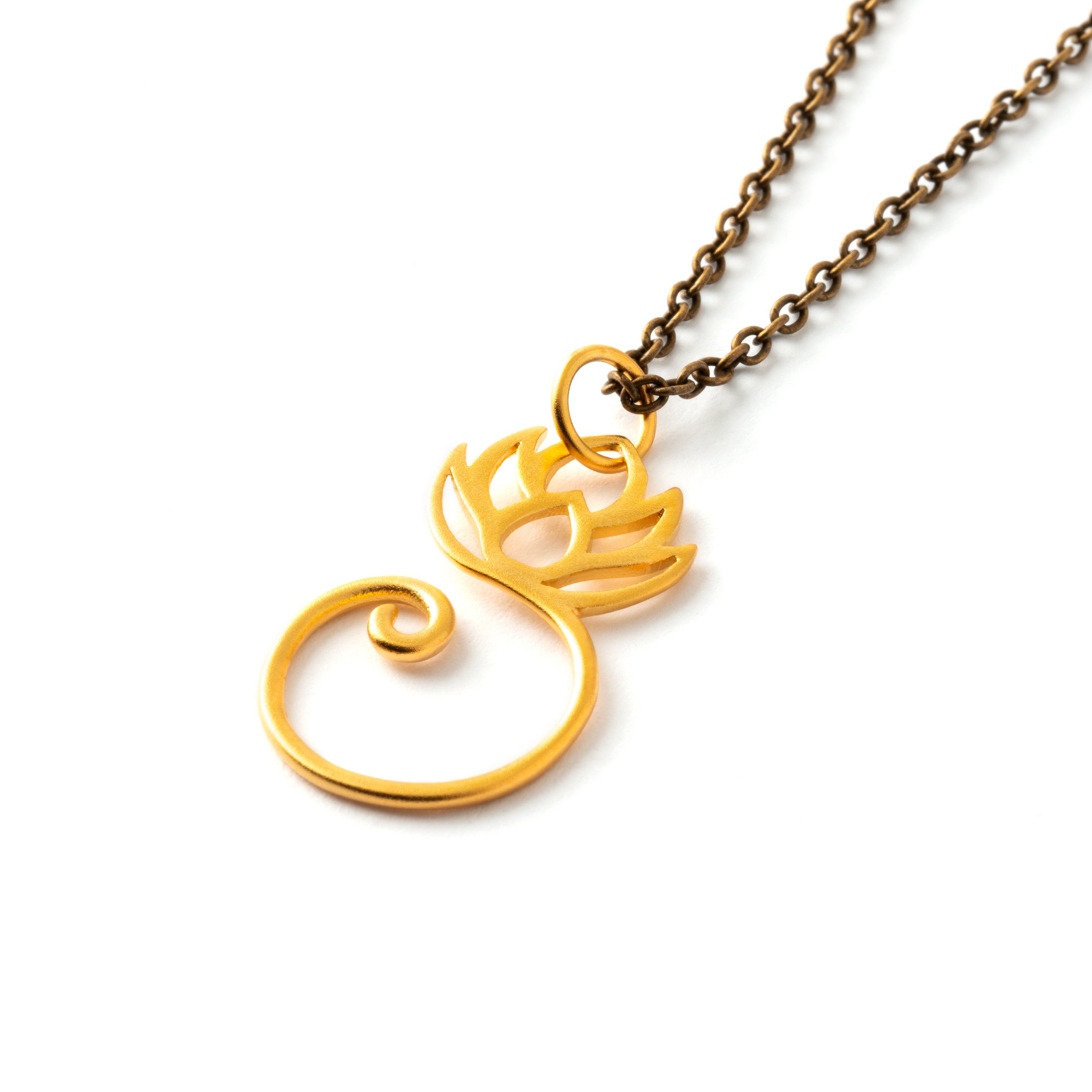 Spiralling Gold Lotus Charm necklace right side view