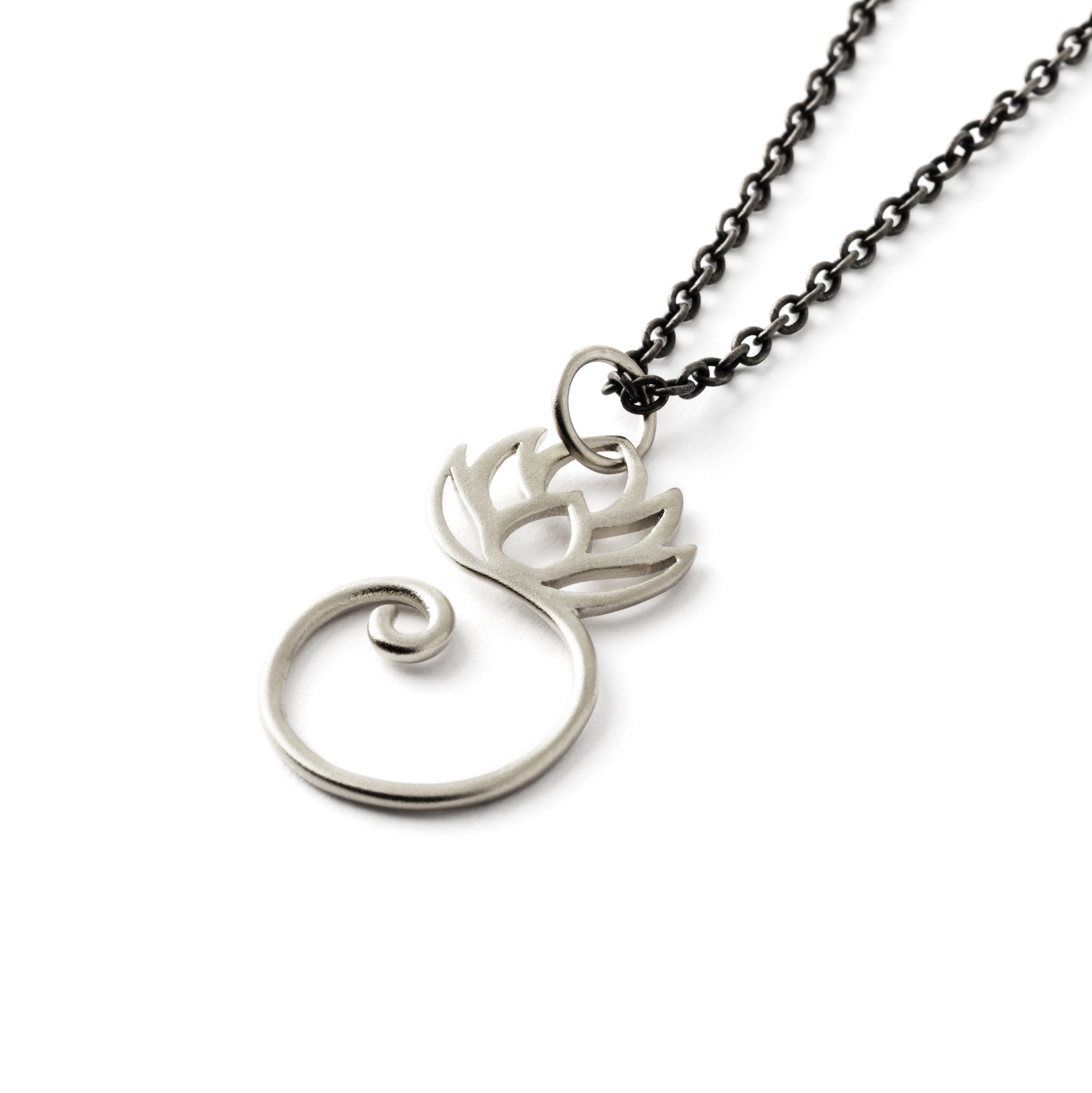 Spiralling Silver Lotus Charm necklace right side view
