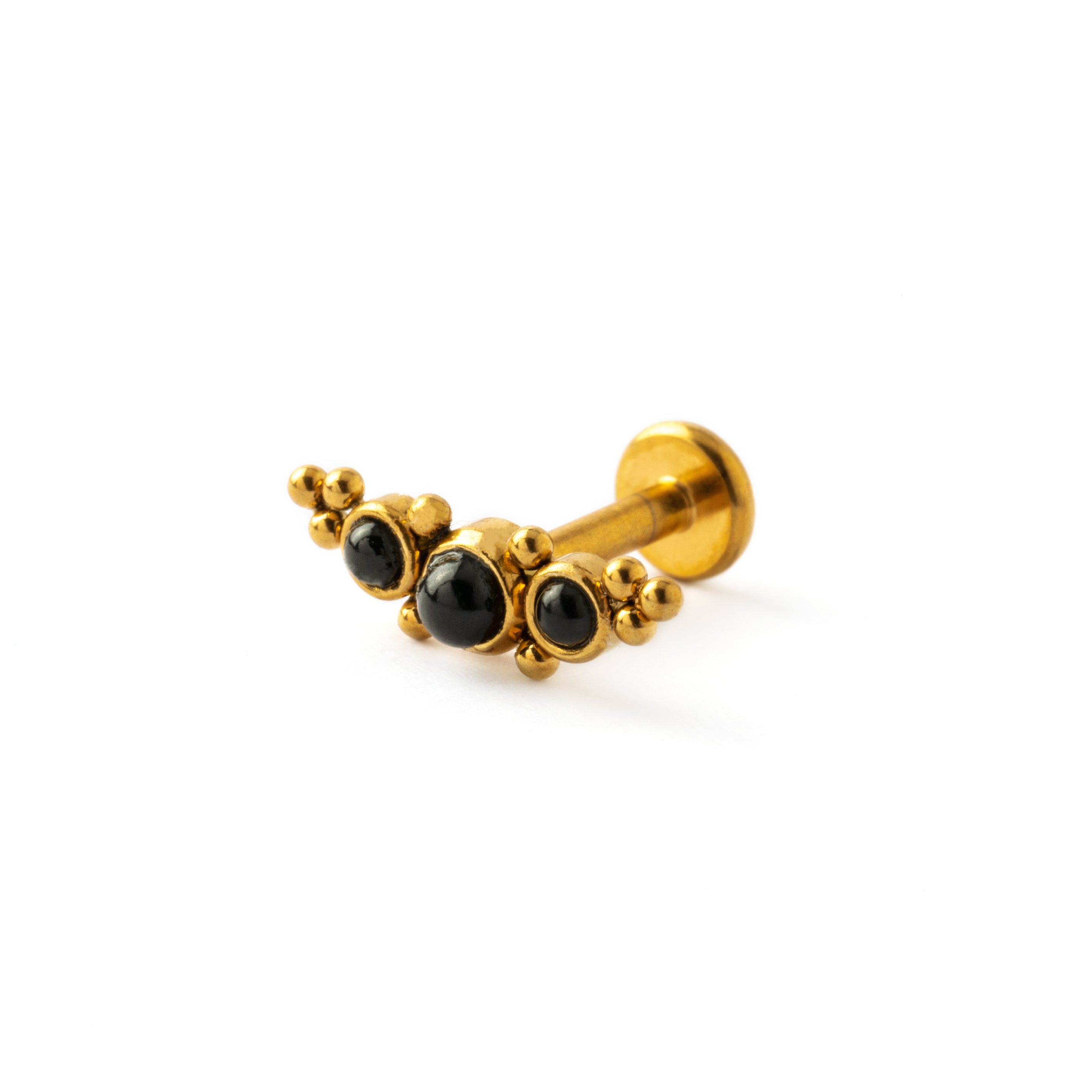 Deva crescent shape Golden Labret with Black Onyx left side view