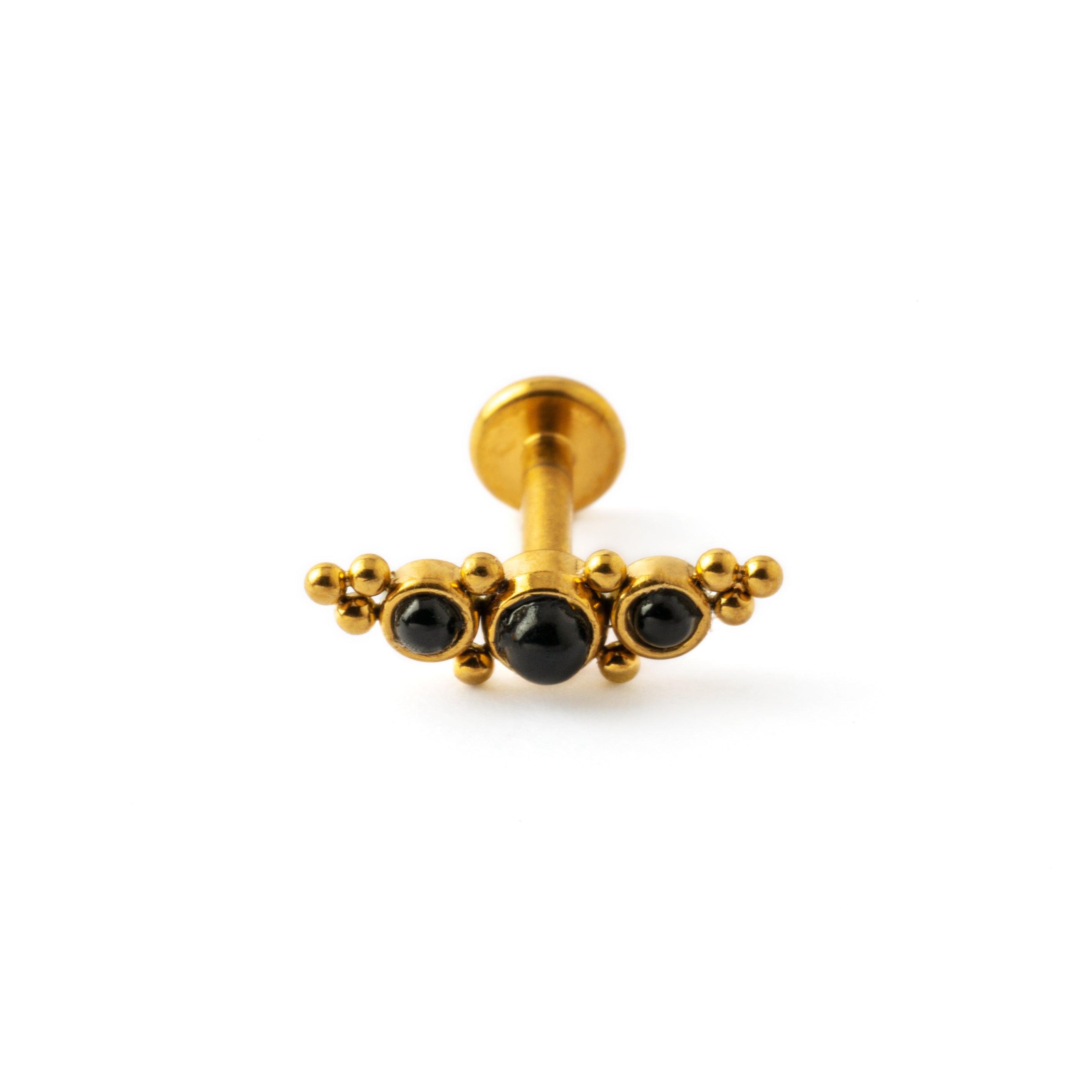 Deva crescent shape Golden Labret with Black Onyx frontal view