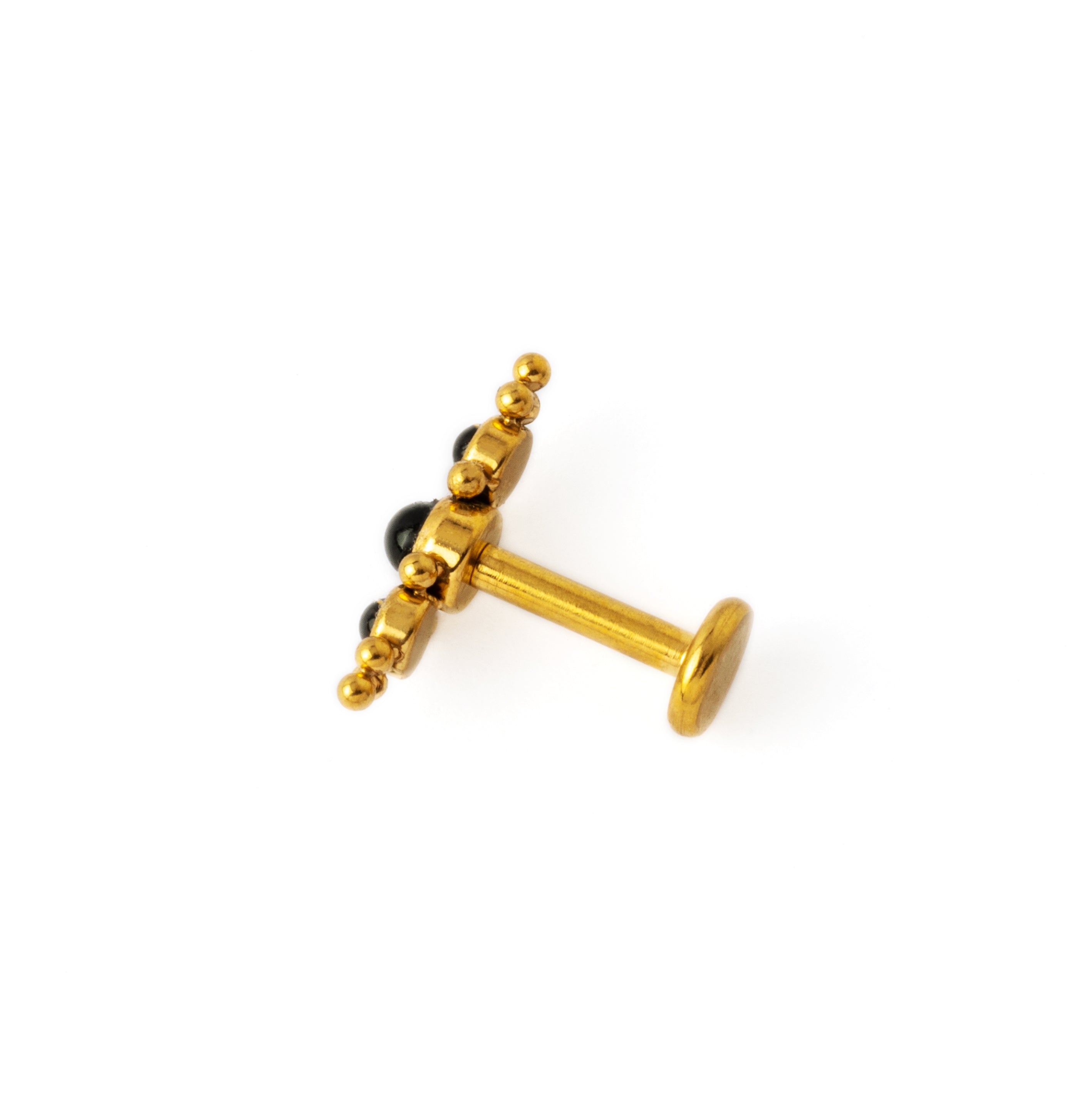 Deva crescent shape Golden Labret with Black Onyx side view
