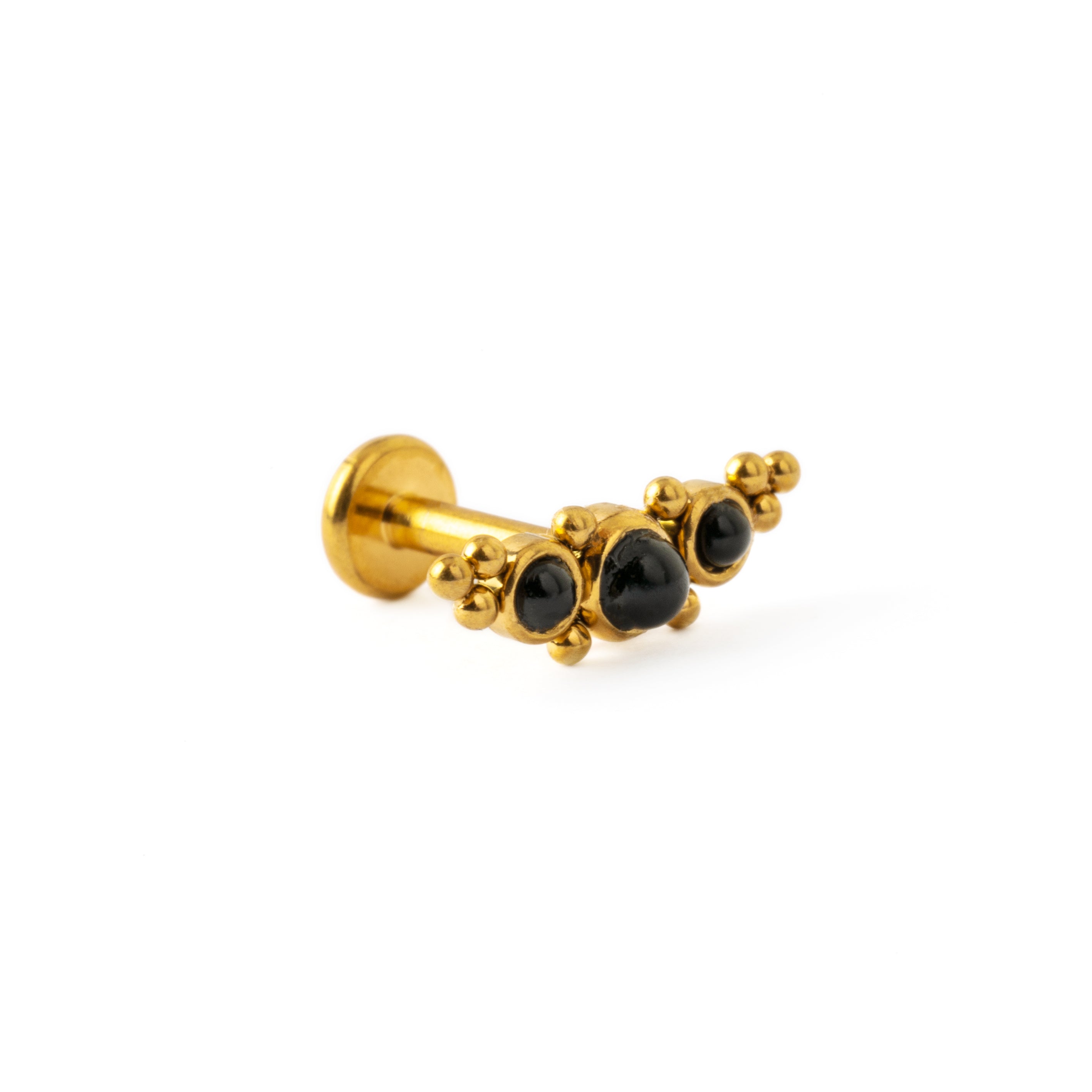Deva crescent shape Golden Labret with Black Onyx right side view