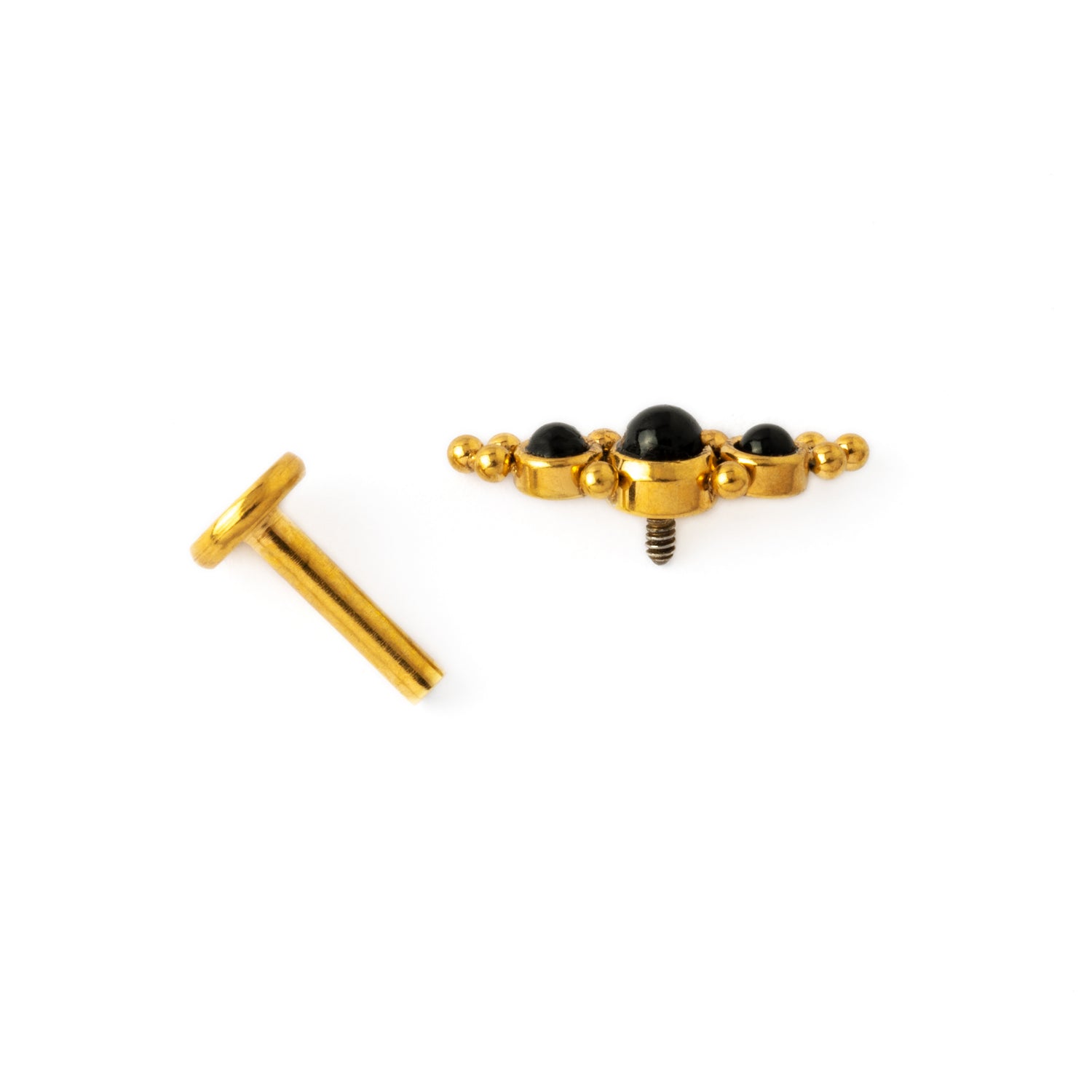 Deva crescent shape Golden Labret with Black Onyx screw back closure view