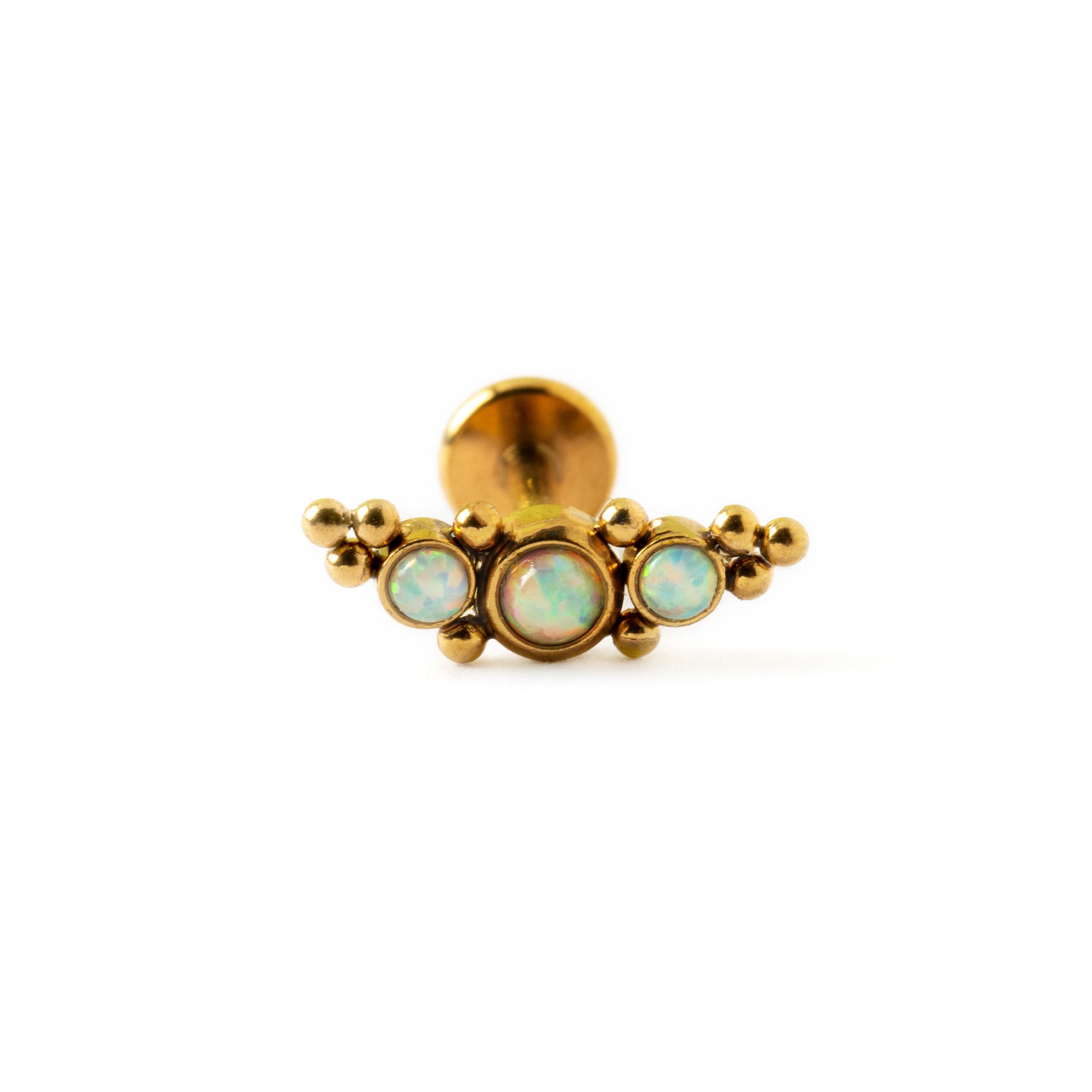 Deva Golden surgical steel internally threaded labret with white Opal frontal view