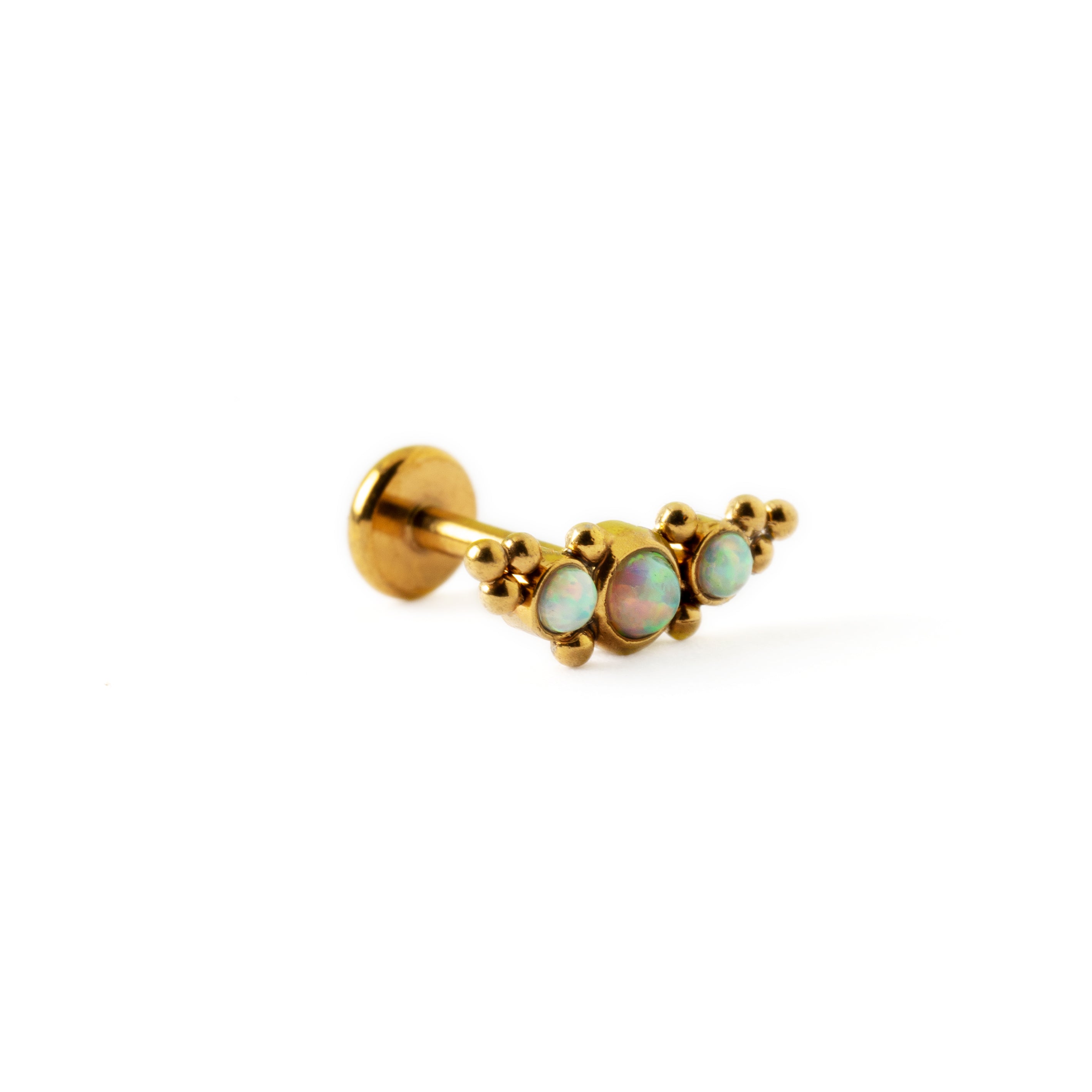 Deva Golden surgical steel internally threaded labret with white Opal left side view